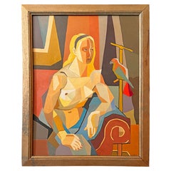 "Nude with Parrot", Spectacular Art Deco-Cubist Painting by Lhote, Red & Gray