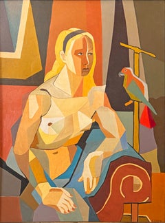"Nude with Parrot", Spectacular Art Deco-Cubist Painting by Lhote, Red & Gray