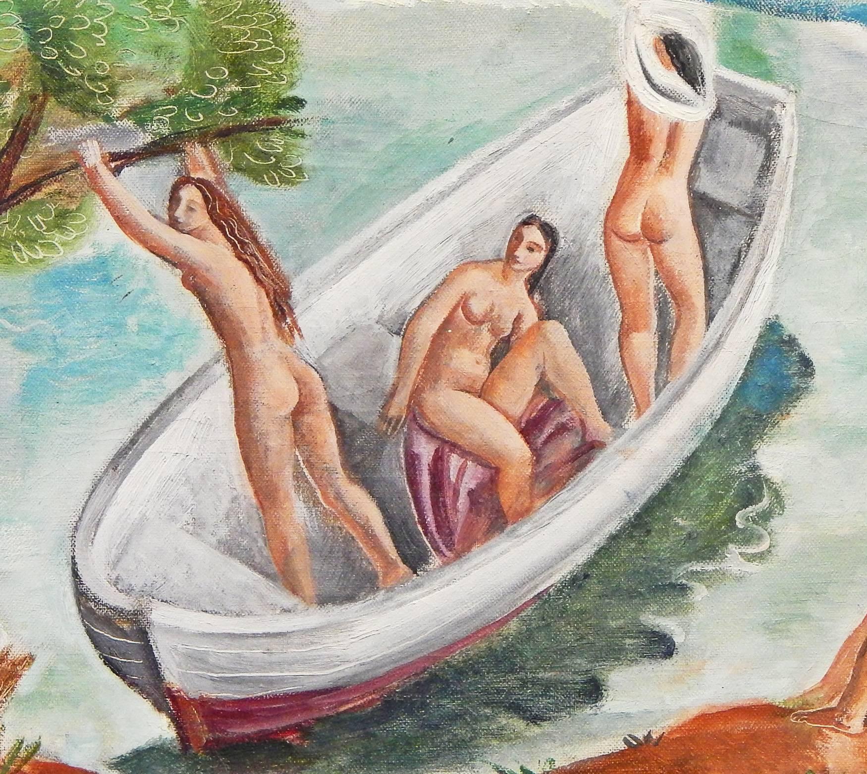 Full of energy and joie de vivre, this very fine Art Deco painting depicts a group of five female nude figures, three in a rowboat and two on the shore, with the blue and white waves of the ocean on the edge of the scene. The artist's palette blues,