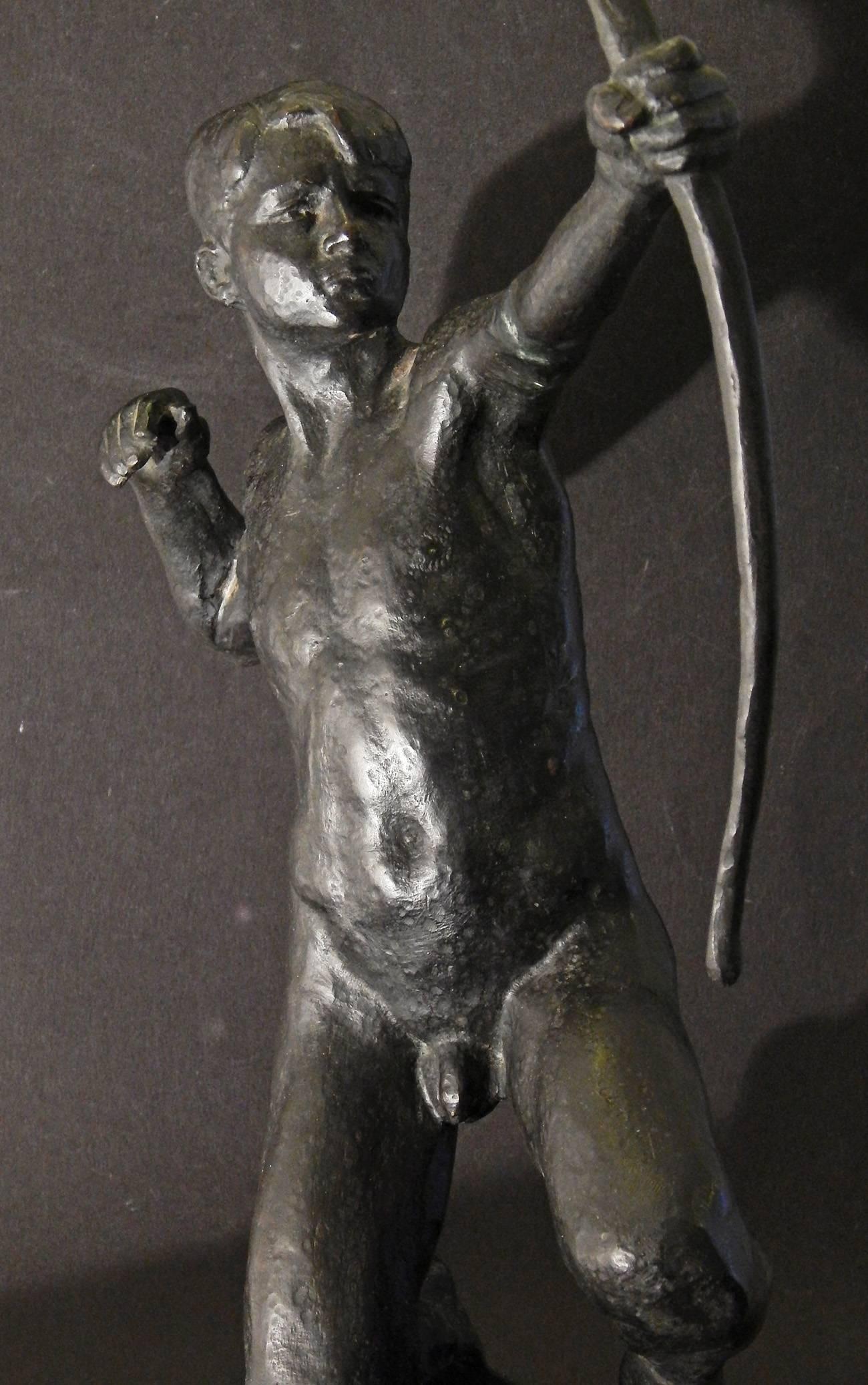 A sensitive and beautiful bronze of a male youth drawing his bow, this sculpture was created by Fritz Best between the world wars in Germany. Like Henry Scott Tuke in Great Britain, Best seemed to specialize in young men in various nude poses,