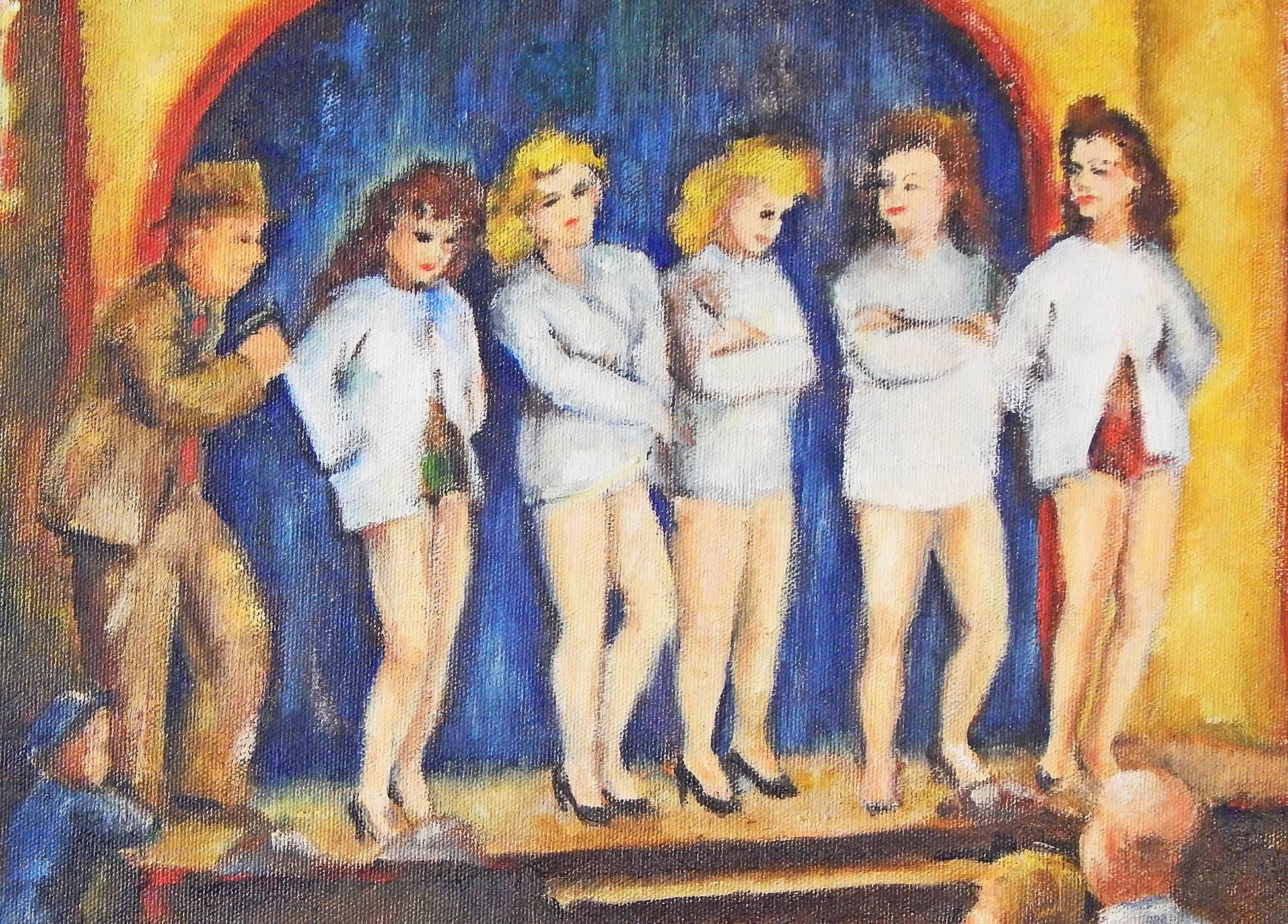 Brimming over with life and energy and vividly painted in tones of deep blue, bright yellow, tangerine and grassy green, this depiction of a small town carnival -- complete with a beauty pageant, ticket booth, parents with children, and colorful