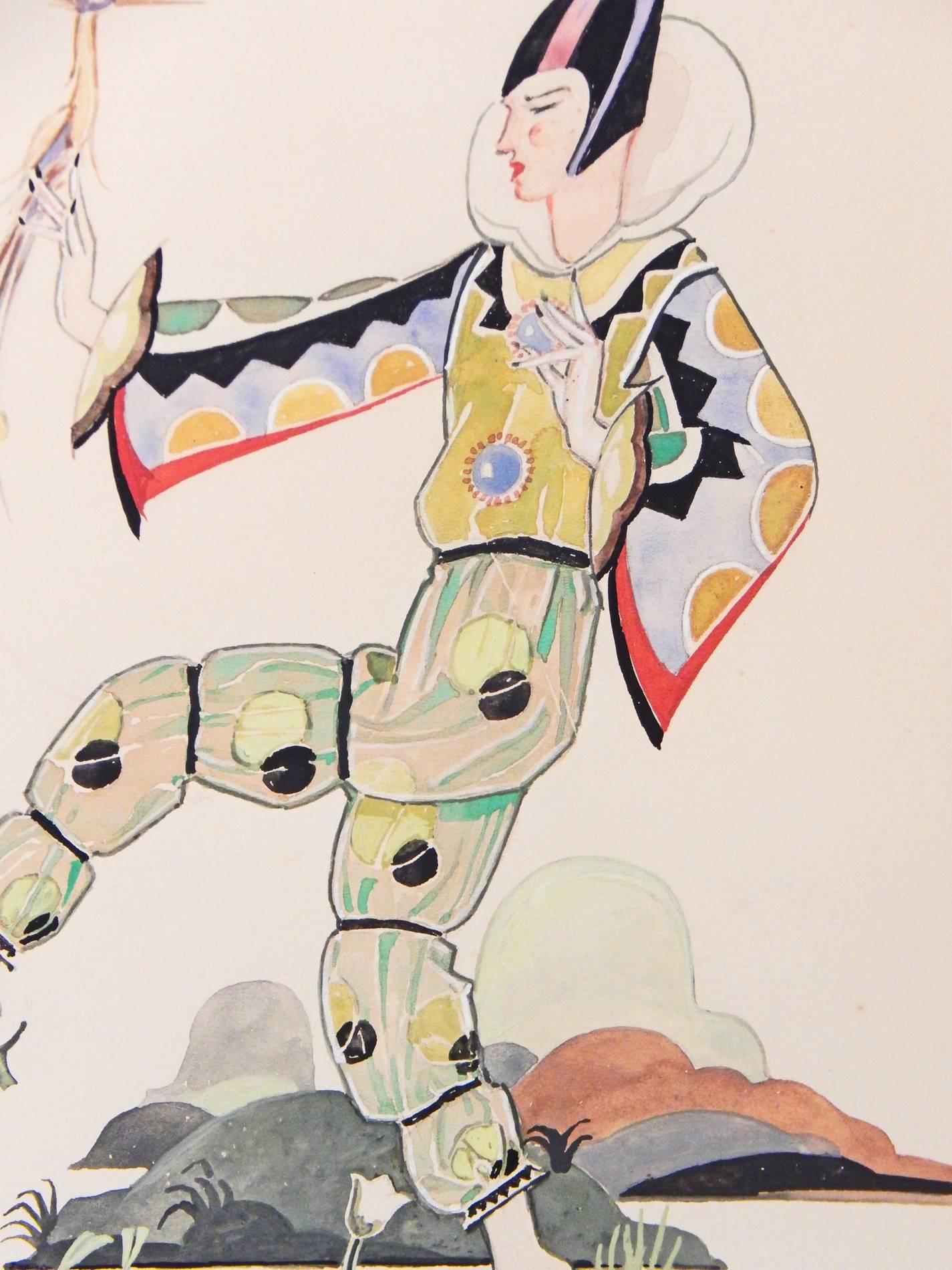 Vivid and striking, this Classic Art Deco watercolor of an exotic female figure in harem pants and geometric-patterned blouse, balancing a bird of paradise on one hand was painted by P. Forbes, perhaps as a costume design for a ballet or opera