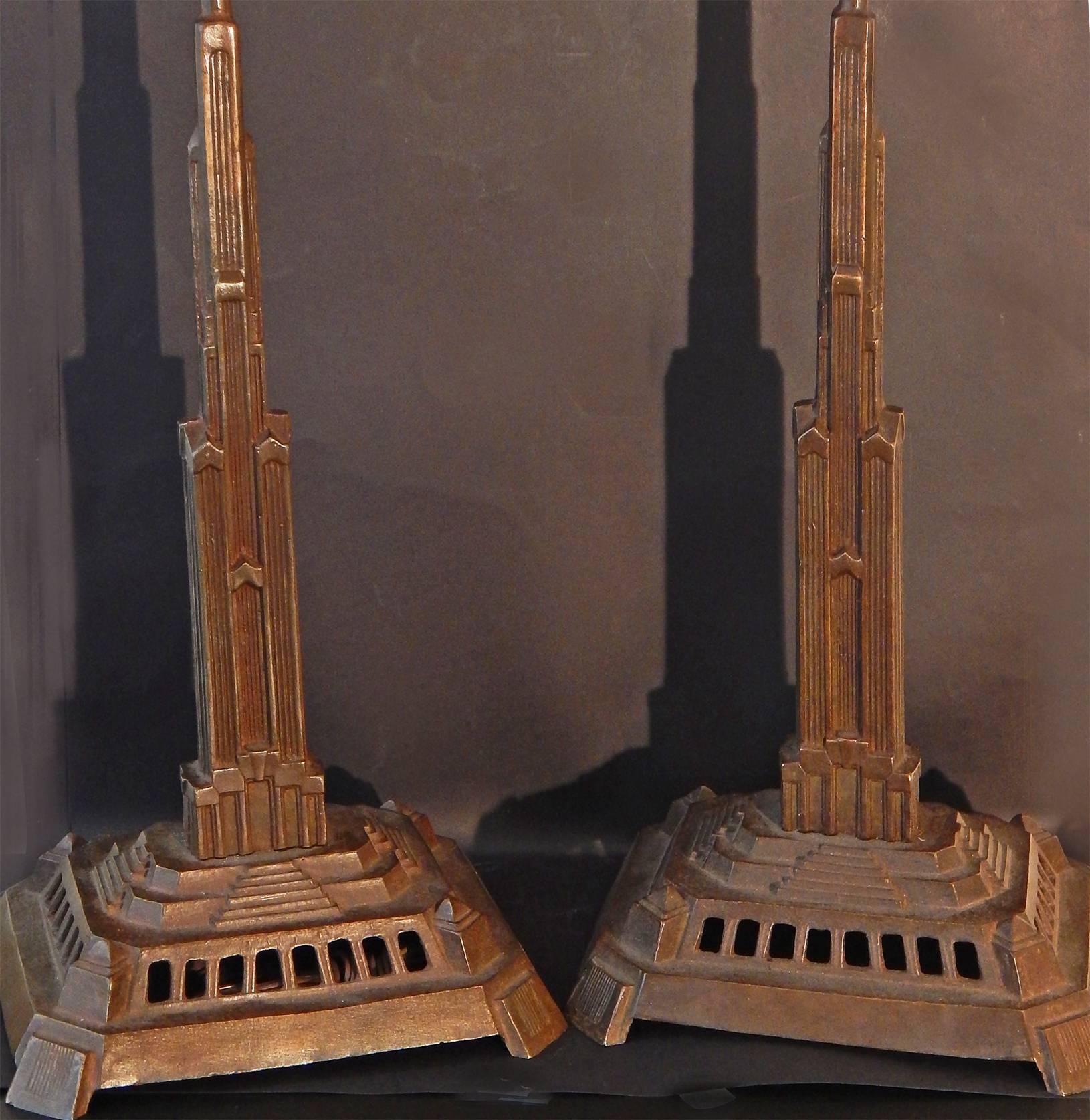 American Pair of Bronze Art Deco Skyscraper Lamps, Antique and Highly Rare For Sale