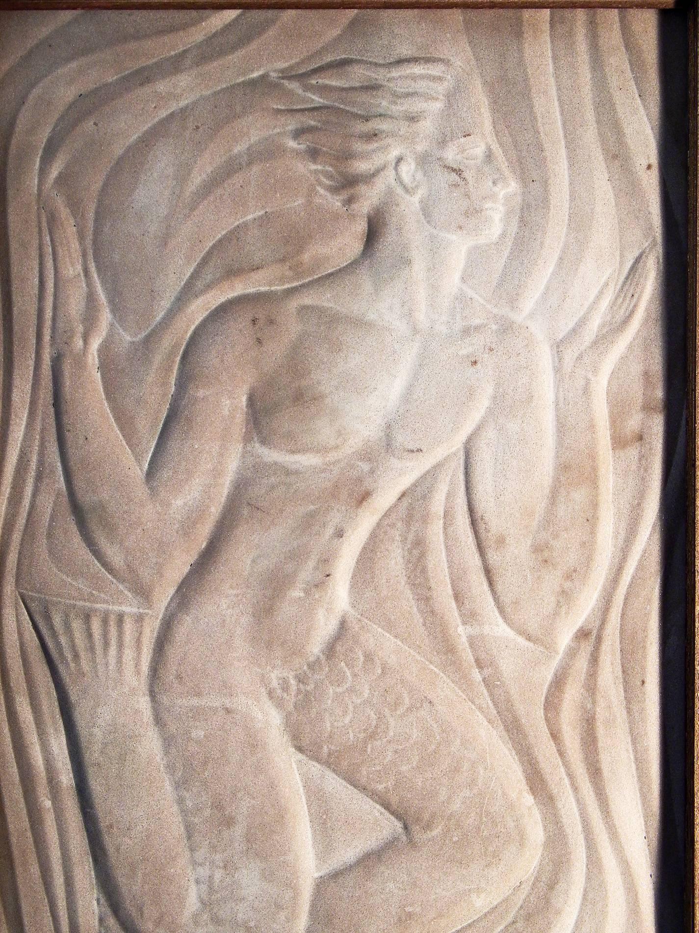 This striking and dramatic depiction of a stylized merman in an underwater scene vibrating with energy, executed in low relief in very fine-grained sandstone, is a very fine example of Art Deco sculpture. The merman's face is shown in profile, while