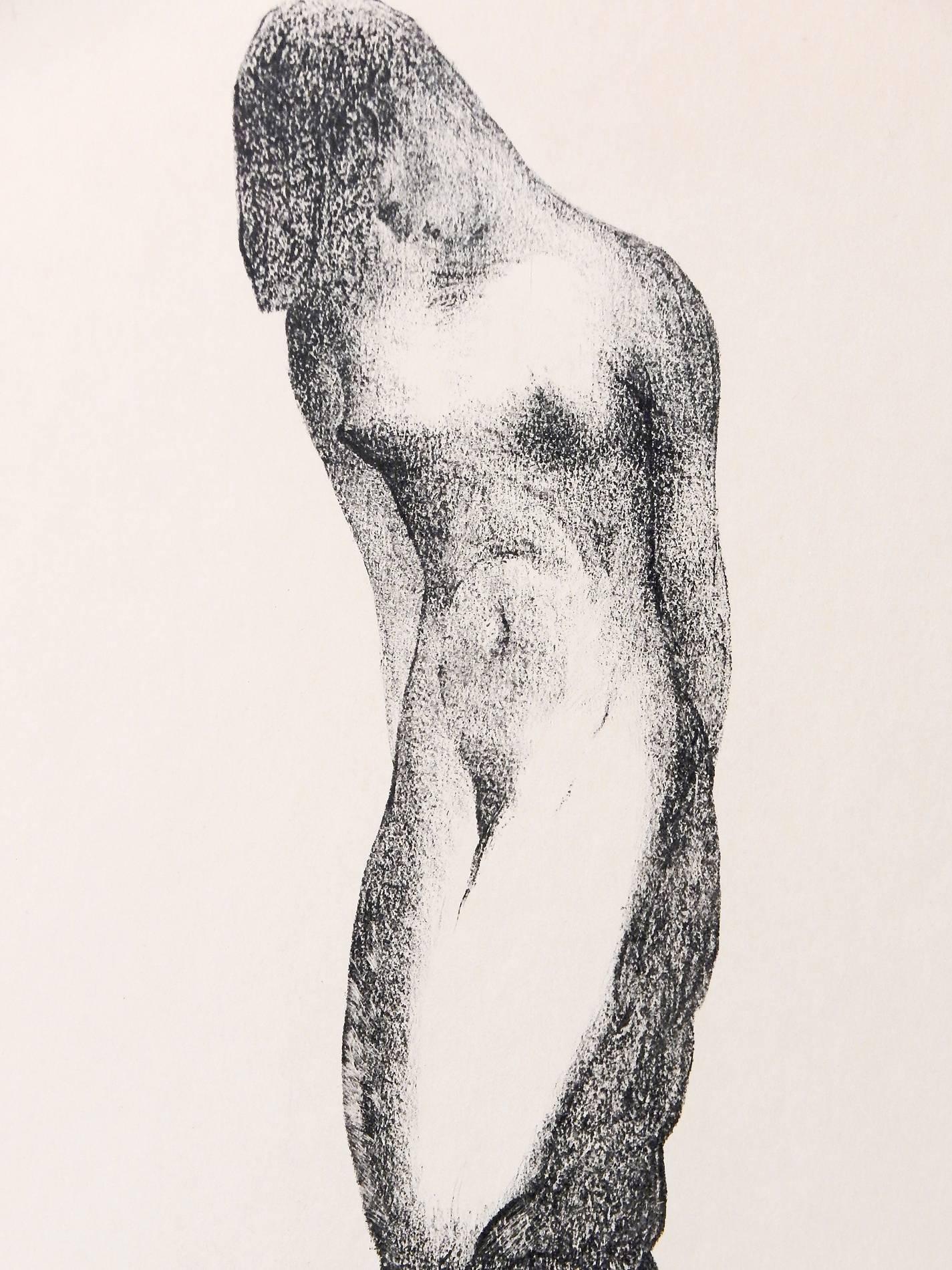 Sensual and sinuous, this very rare print by an American sculptor depicts a nude female figure who is embraced by her nude male lover from below, the male serving as the trunk for the female tree who towers above. The artist, Alexander Portnoff, is