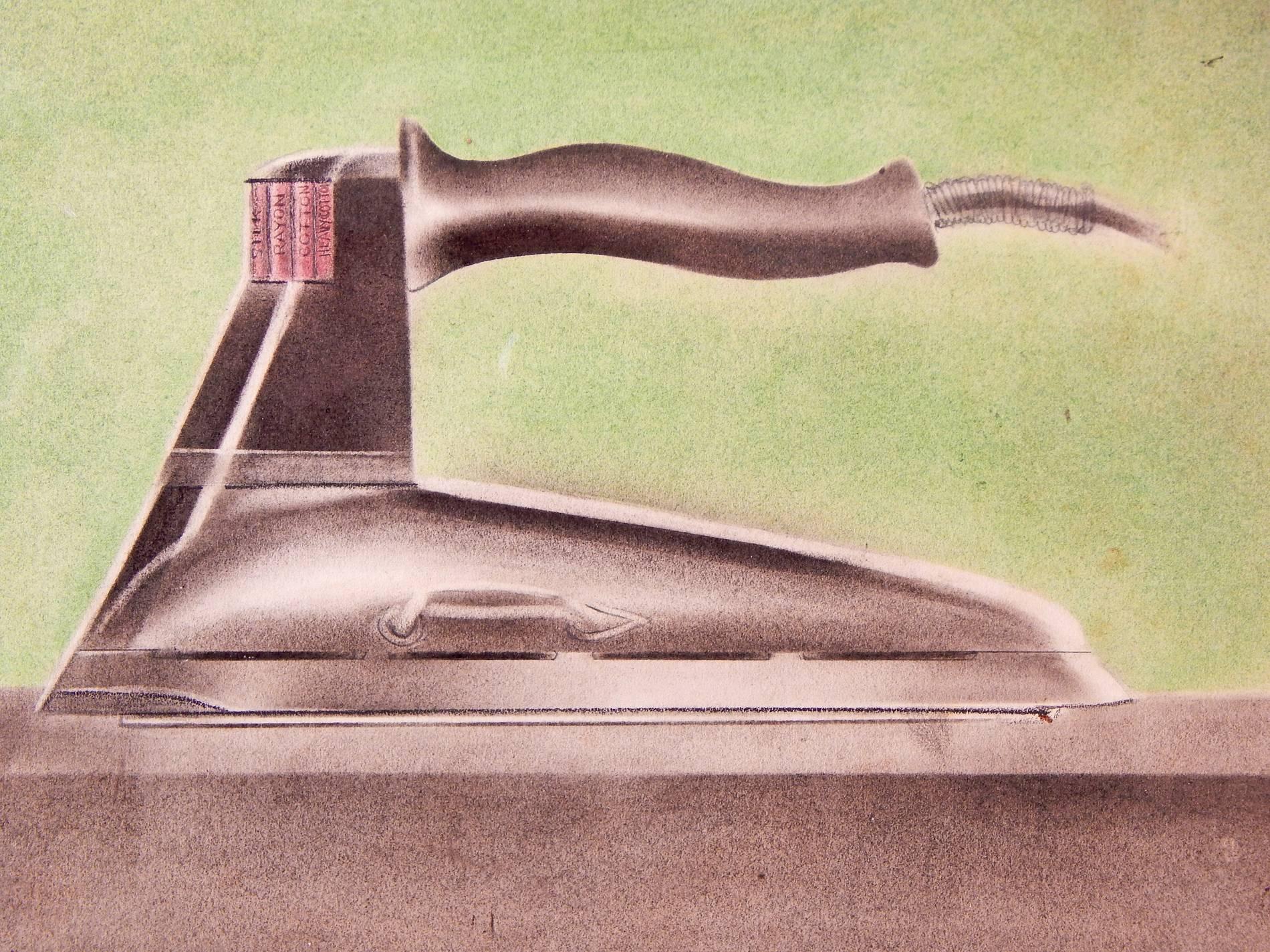 A Classic example of Moderne Industrial Design from the 1930s or 1940s which applied the sleek, streamlined forms of trains, ships and automobiles to everyday appliances, this drawing was created by Ernest Towers. Here the lowly steam iron has