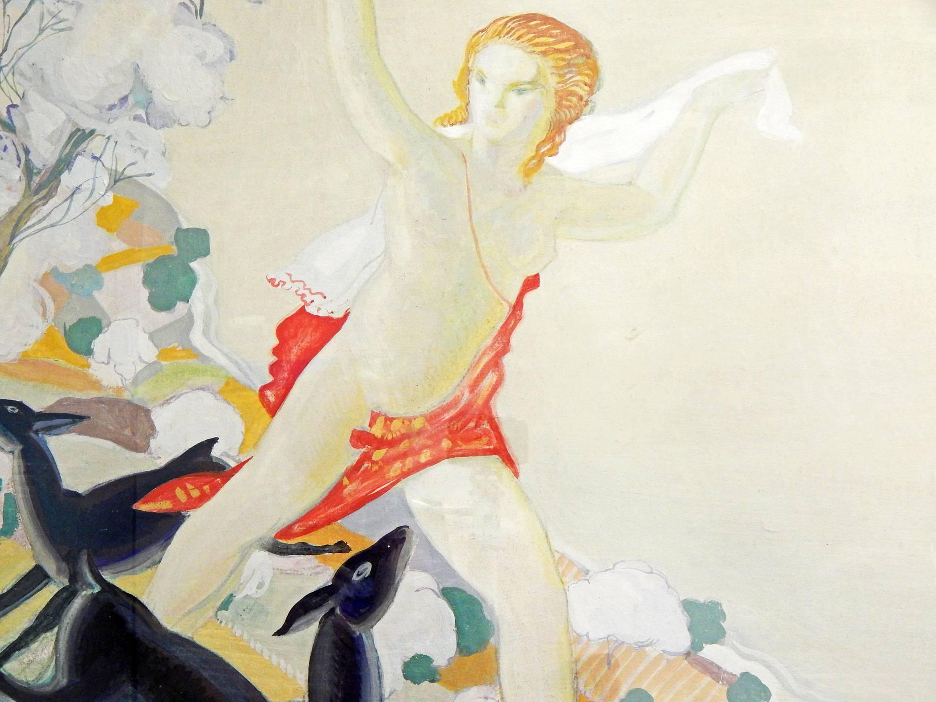 Fabuleux exemple de grande peinture décorative Art déco de l'Europe des années 1930, cette huile sur panneau représente la déesse Diane courant avec deux cerfs des bois vers un champ. Les couleurs or pâle et vert contrastant avec le cerf noir de