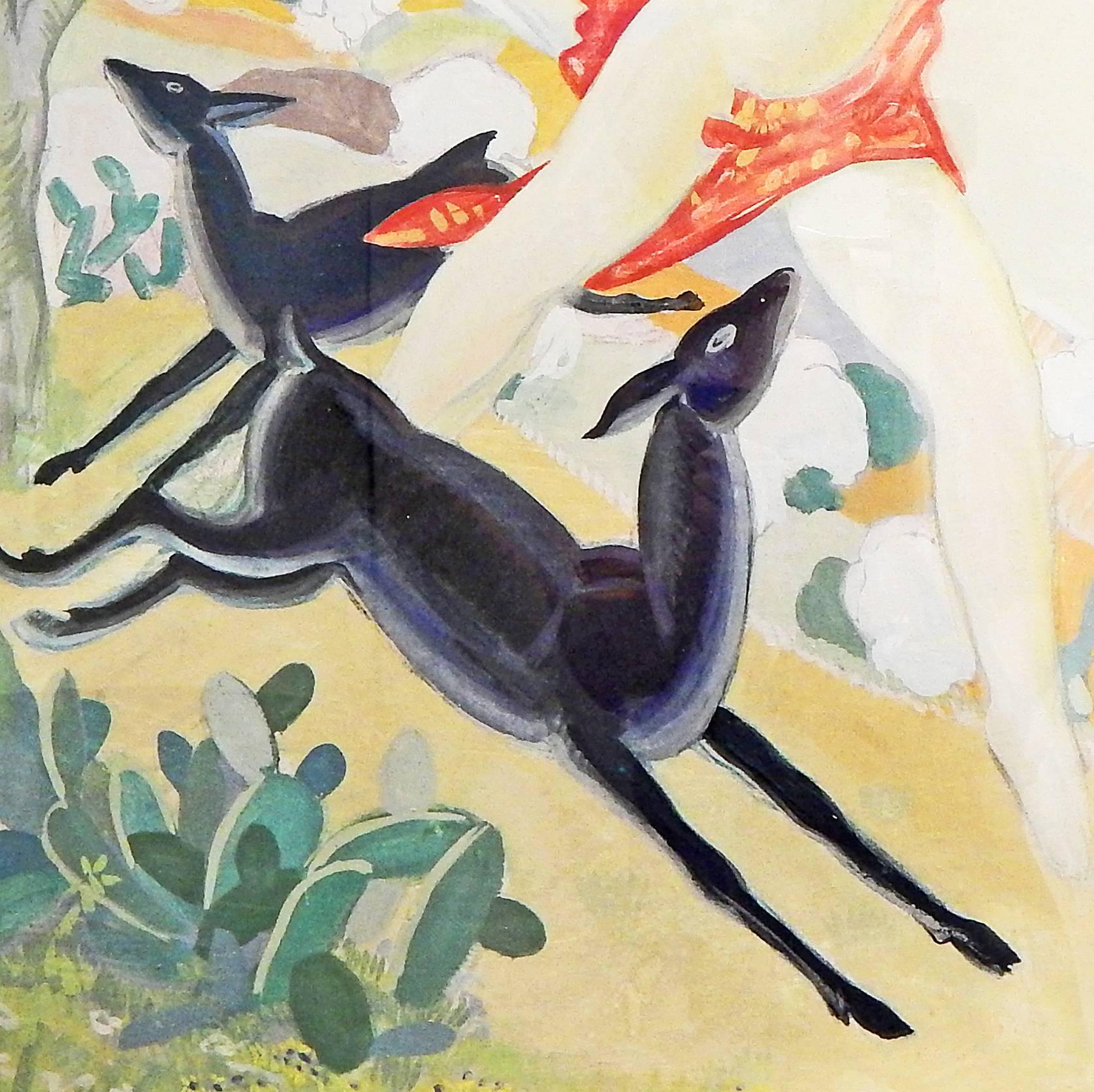 Art déco « Diana Running with Deer », fabuleuse grande fresque mythologique Art Déco, carrée en vente