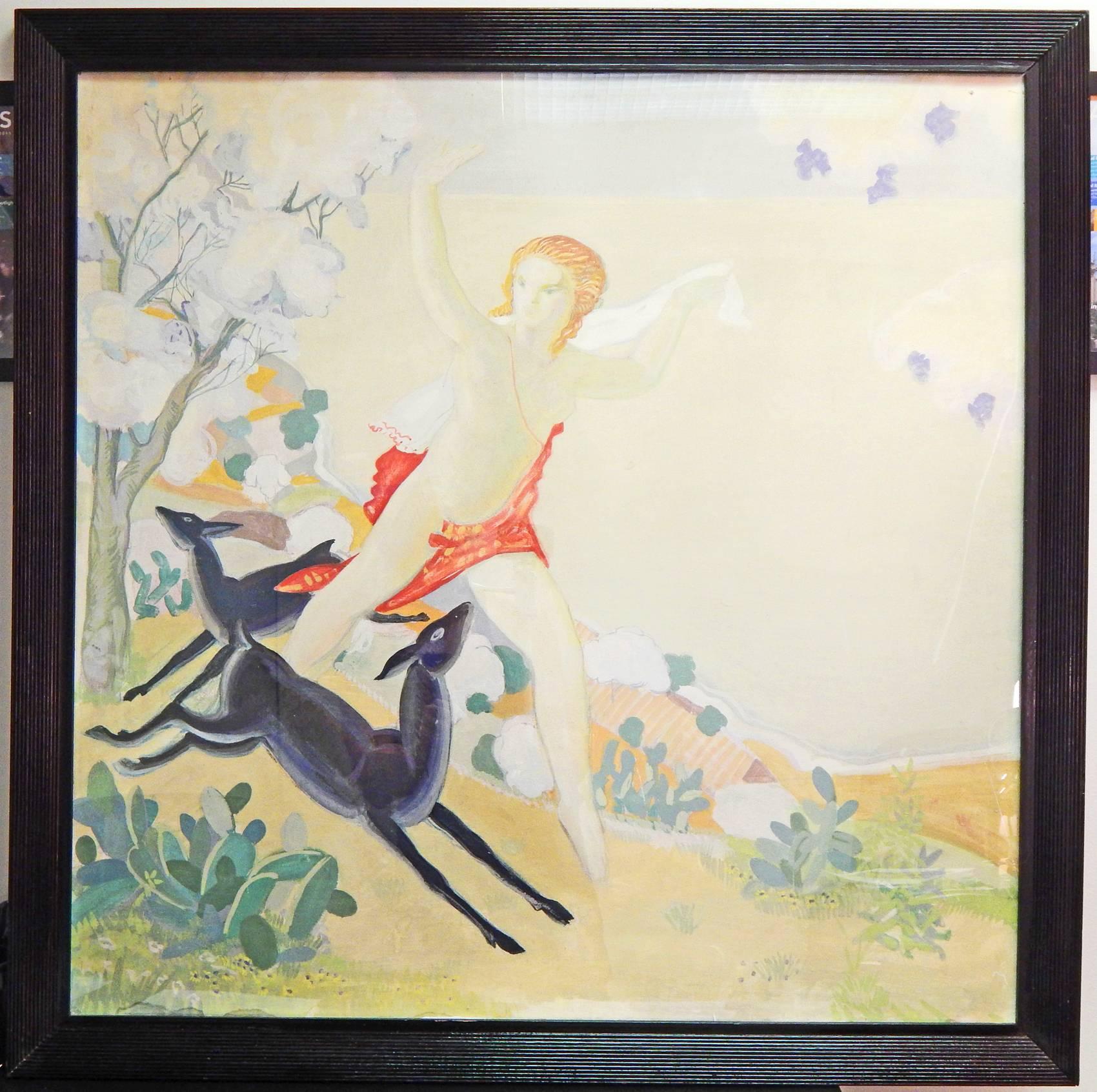 « Diana Running with Deer », fabuleuse grande fresque mythologique Art Déco, carrée Excellent état - En vente à Philadelphia, PA
