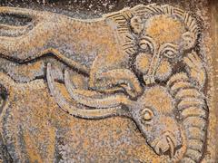 "Lion and Bull", Art Deco-Medieval Decorative Painting in Greys and Burnt Sienn