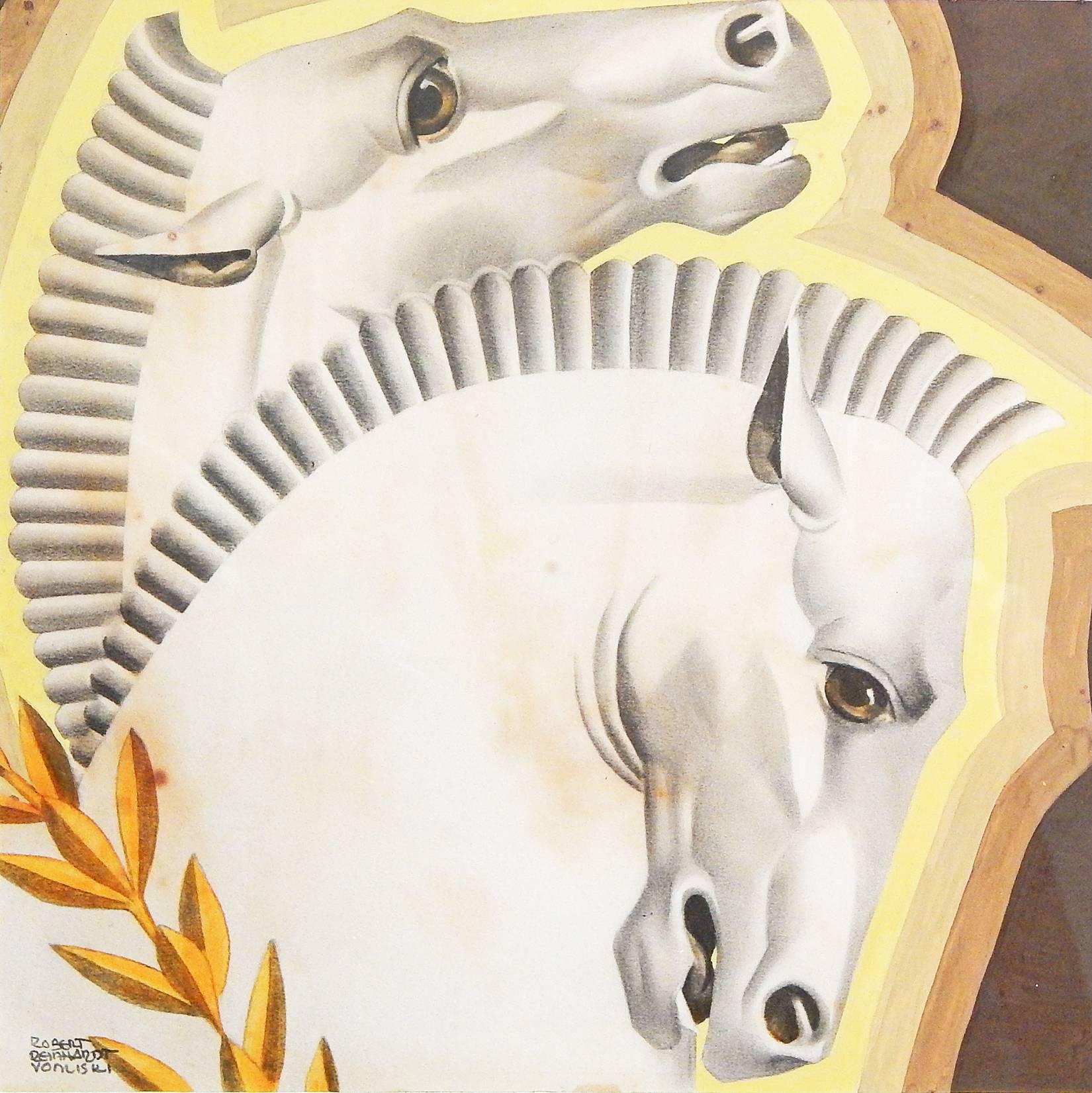 This extraordinary pair of Art Deco pieces, each depicting a pair of horses, one with its head up and one down, was executed in ink, colored pencil and gouache by Robert Reinhardt Von Liski, a Prussian-American artist. Von Liski worked in Chicago as