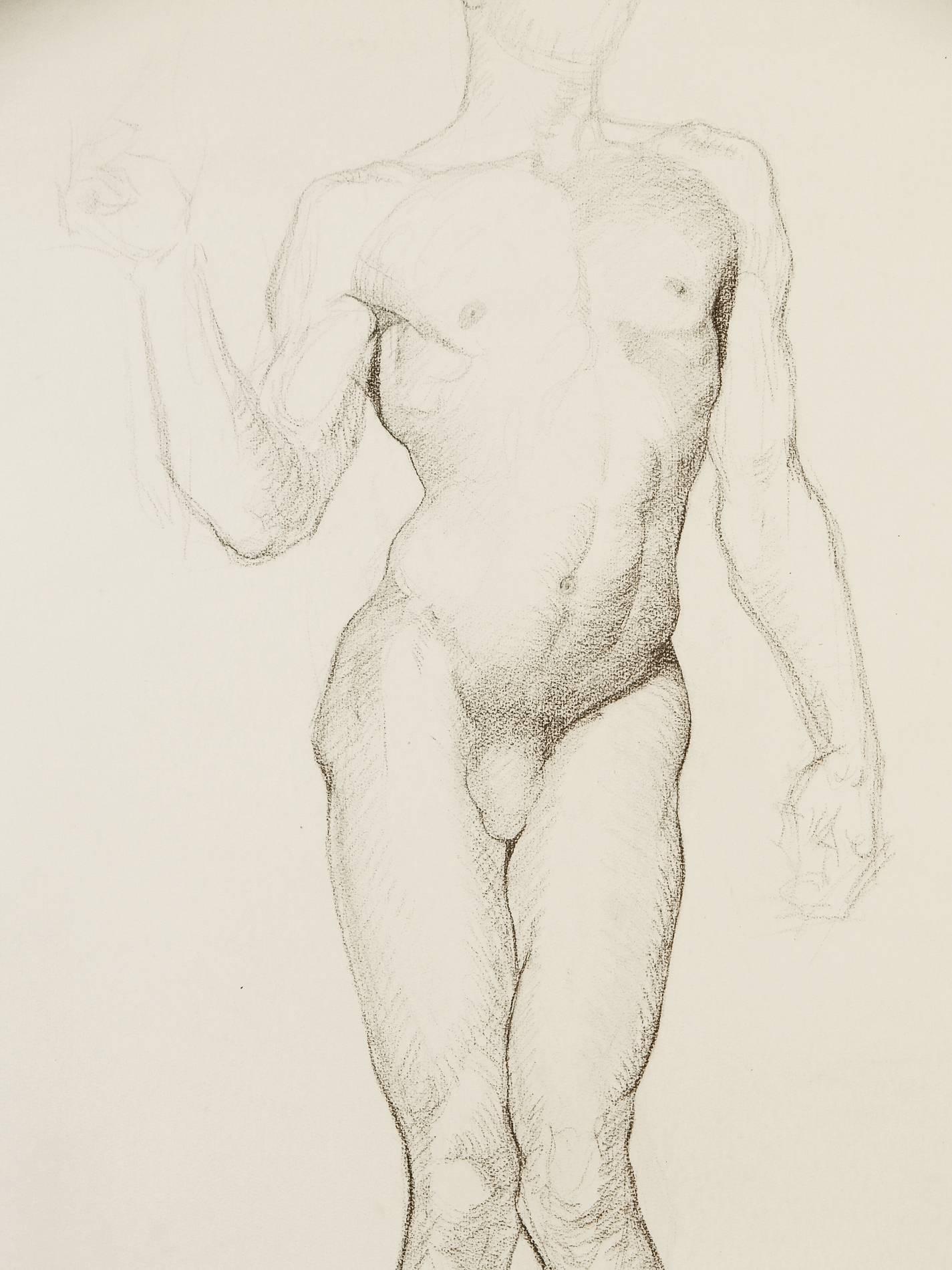 Beautifully demonstrating Dunbar beck's fine craftsmanship and mastery of the human figure, this drawing depicts a male nude with his pelvis cocked to the right, and his left leg pushing up against his right, a dynamic pose that reflects the