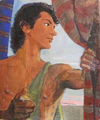 Vivid Art-Déco-Gemälde "Male Youth at Sunset" von Dunbar Beck, Muralist, WPA