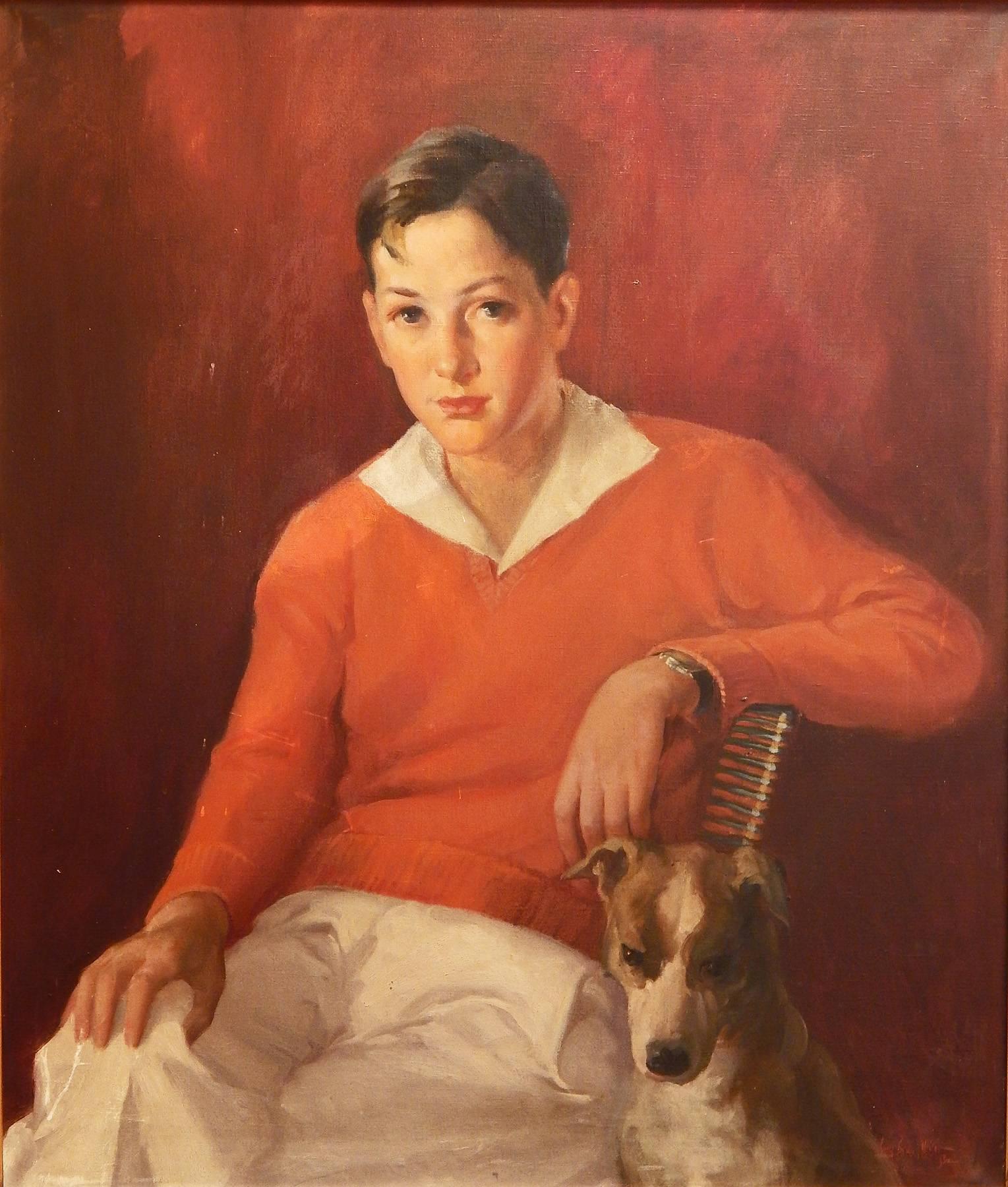 One of the finest Art Deco-era portraits we have ever seen, this depiction of a young man with his loyal hound leaning against his leg, all in gorgeous shades of ivory, carmen and deep red, is a character study of quiet, youthful confidence. We