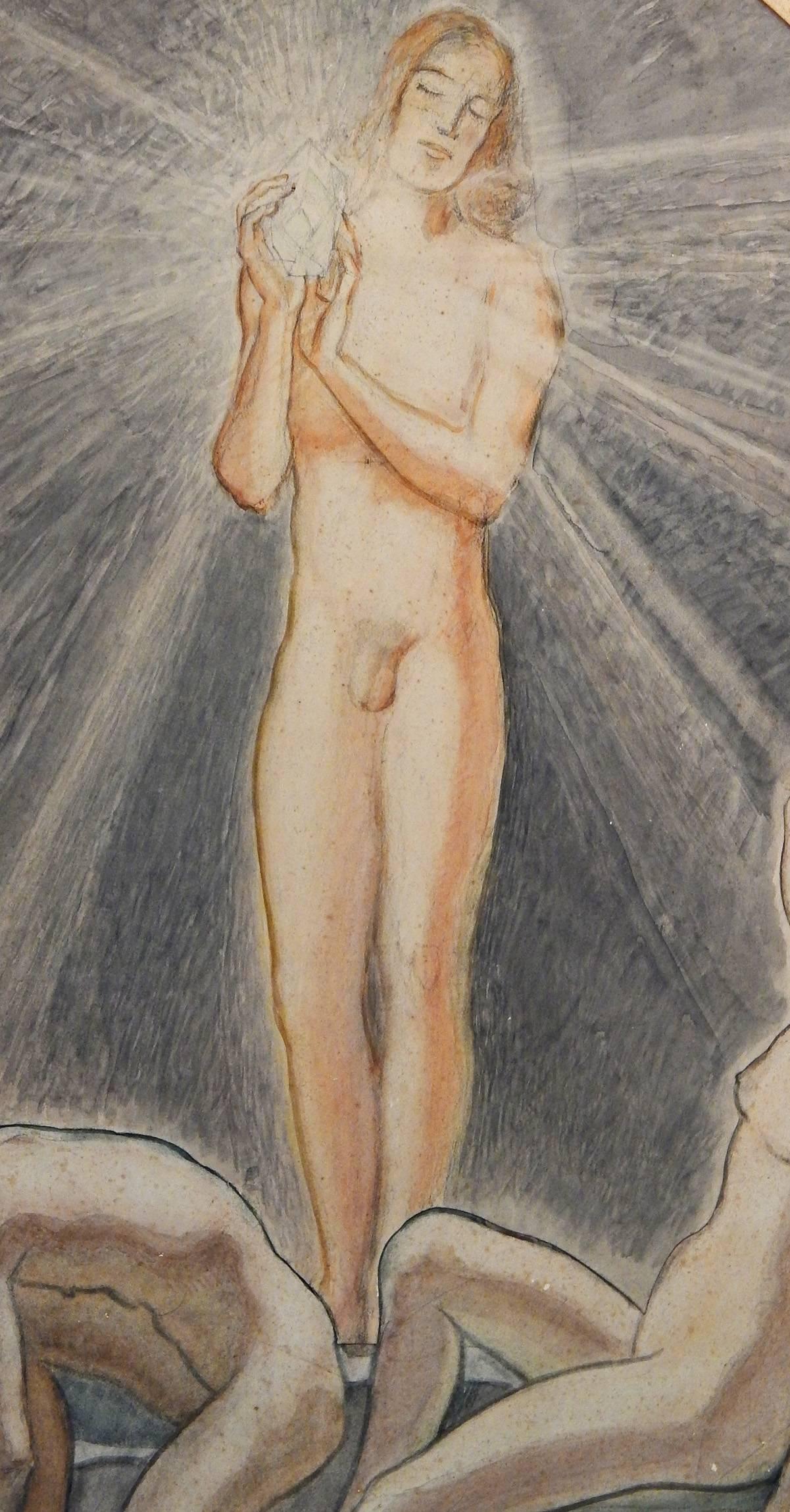Mystique et magnifique, cette aquarelle en trois parties représente un personnage central masculin nu tenant un cristal à facettes d'où émanent des rayons de lumière, entouré de groupes d'autres personnages nus, certains attirés par la lumière,