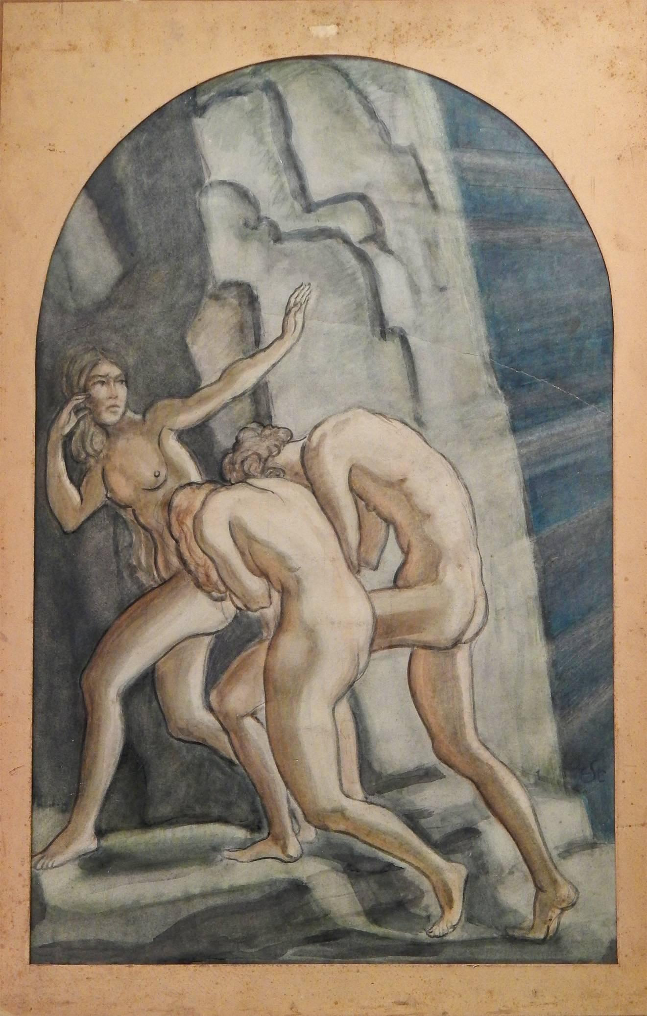 Großes, stimmungsvolles Art-Déco-Dreitychon „Bringer des Lichts“ mit nackten Figuren im Angebot 2