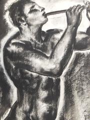 "Nude Pan Figure with Pipe, " Fabulous, Large Art Deco Mythological Drawing