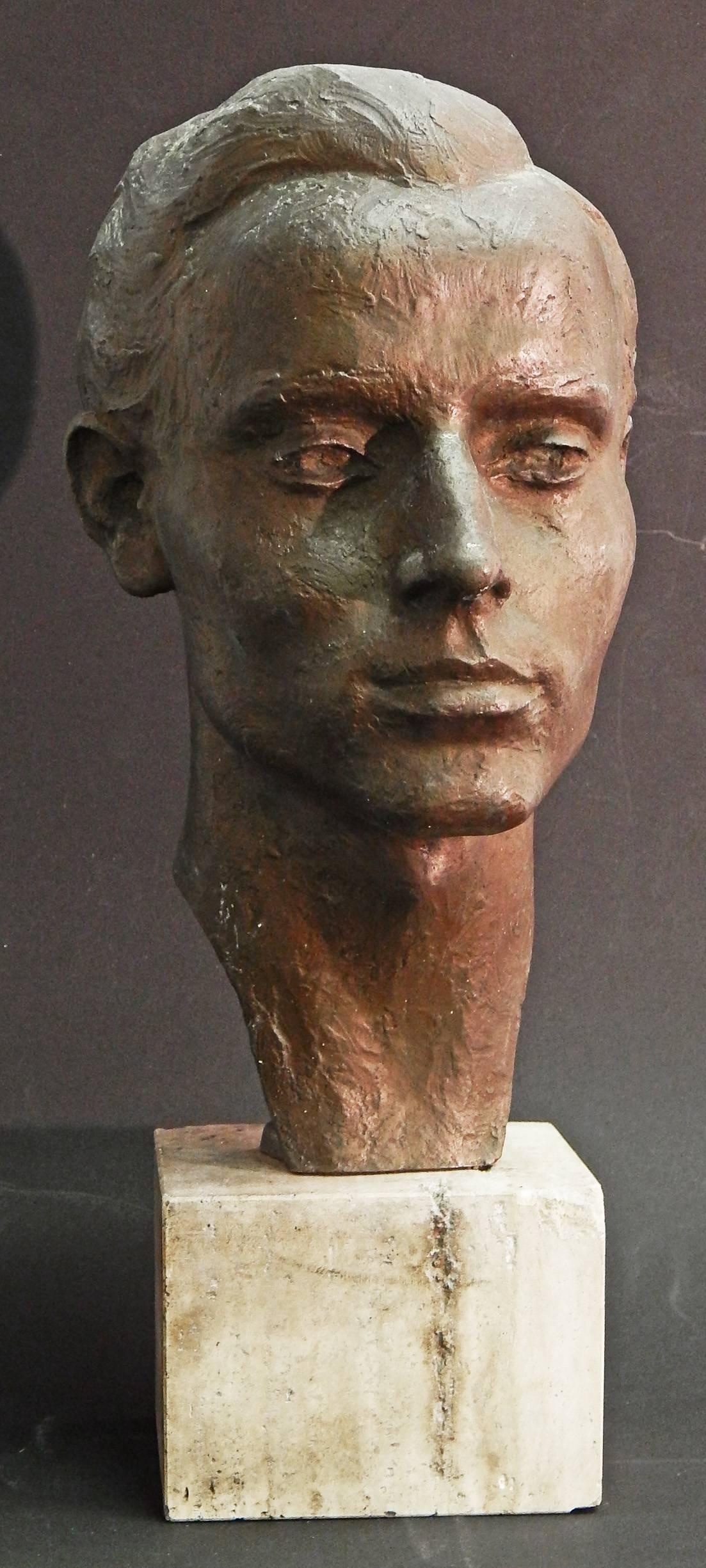 Art déco « Head of Young Man », saisissante sculpture unique en bronze de Bischoff, 1947 en vente