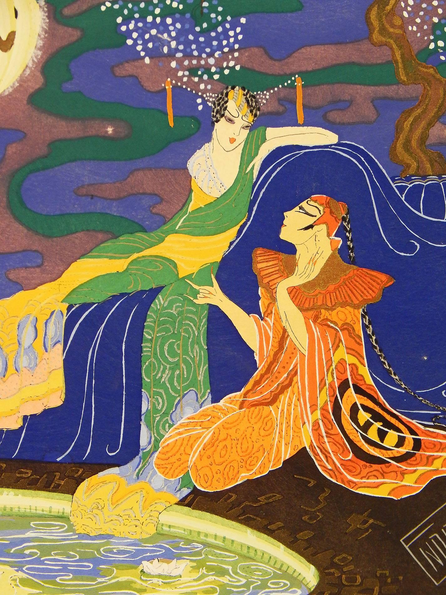 One of the most exotic and gorgeously colored Art Deco paintings we have ever seen, this scene of an elaborately robed Chinese couple, clearly of royal blood, conversing by a pool suffused with lavender and lily pads, was painted by Endré in the