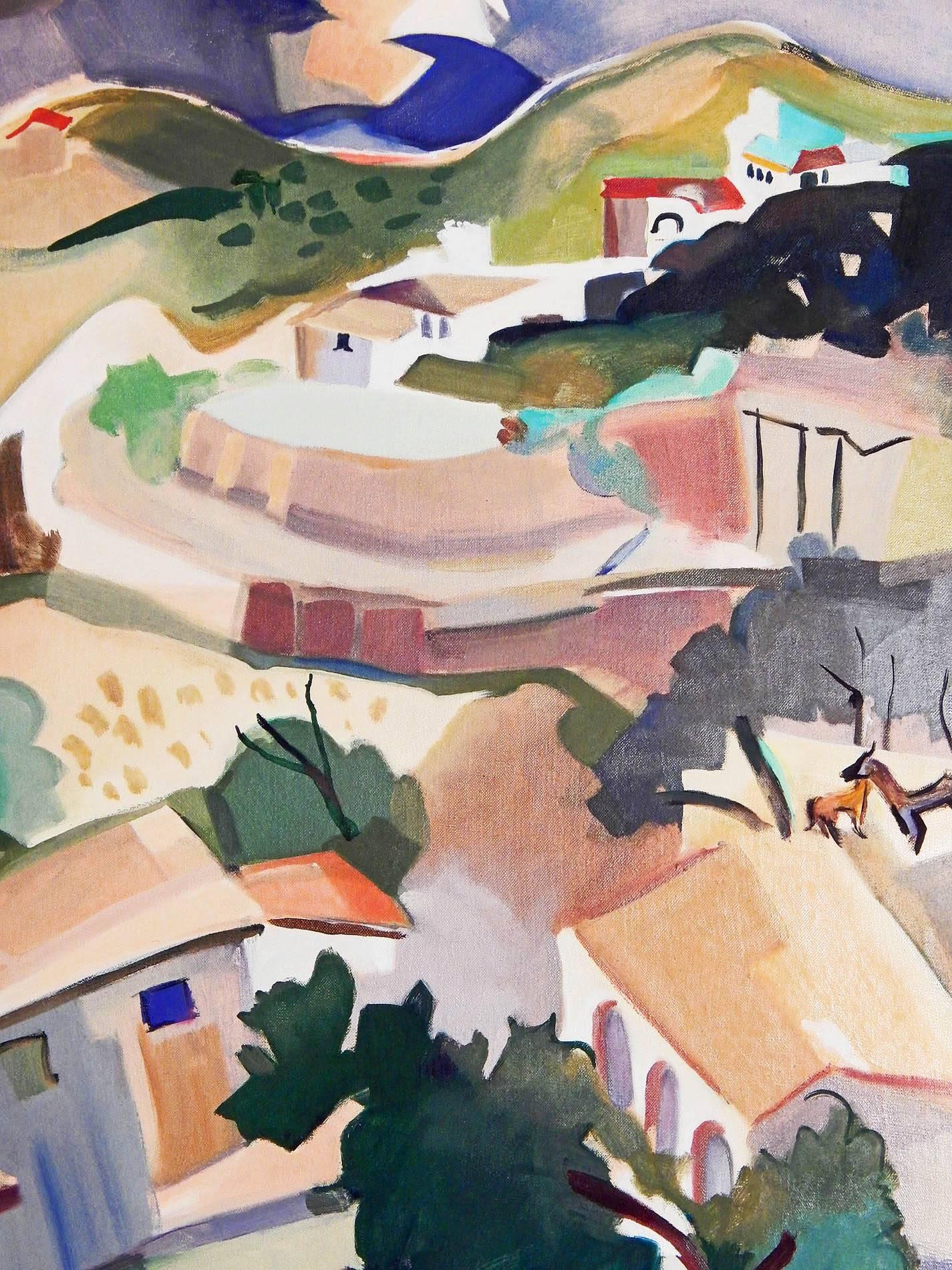 Dating from the 1960s or 1970s and vividly depicting a ranch outside the famous silver mining town of Taxco in Mexico, this oil on canvas captures all the vibrancy and color of the regional landscape. Somewhat abstracted, almost Cubist in the tilt