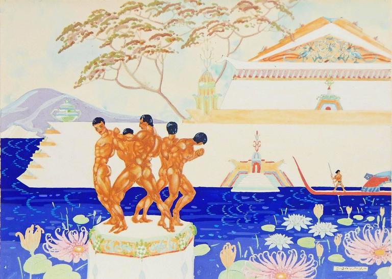Mysterious, jewel-toned and sensuous at the same time, this gorgeous gouache painting by Dooley Dionysius depicts a circle of nude men on a sculpted platform, linked together arm in arm, either in solidarity or competition. Contrasting with the warm