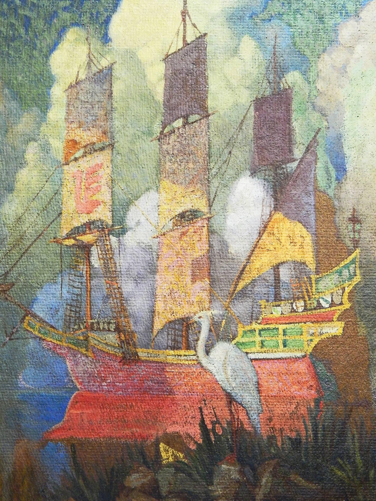 Comparable to the best of N. C. Wyeth's great illustration paintings, this color-saturated and highly atmospheric depiction of an old Spanish ship along the Florida coast, with clouds piled up high in the distance and a snowy egret in the