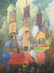 "Sailing the Old Florida Coast, " Painting w/ Spanish Ship & Egret, Blue & Red