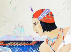 "Waiting for the Barge, " Fabulous & Vivid Art Deco Painting of Bejewelled Figure