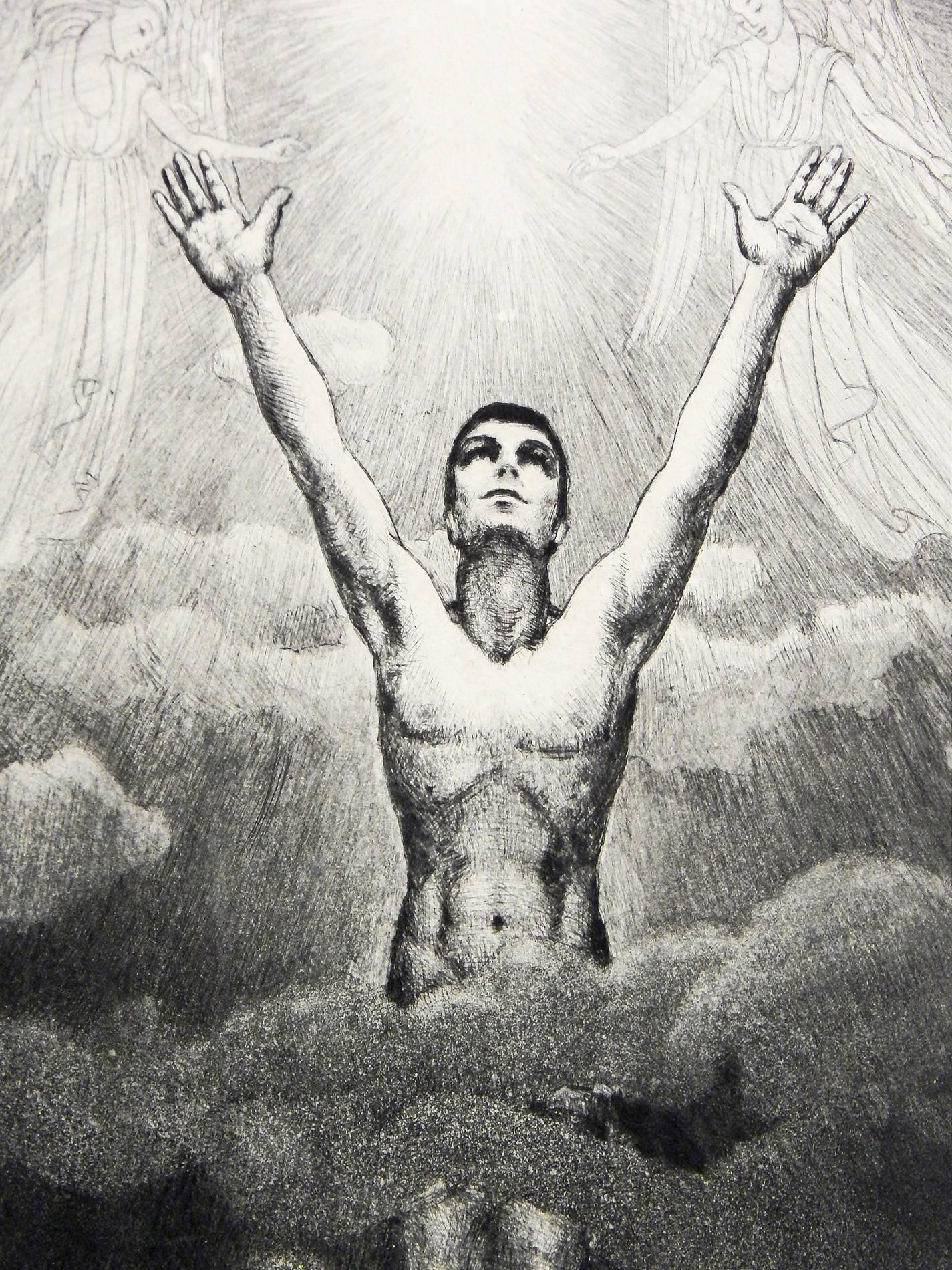 Buoyant and aspirational, this bold and rare print depicting man rising through the clouds toward heaven, with angels to either side, was created by Roselle Osk in the 1930s. Osk grew up in New York City and trained there, and later experienced