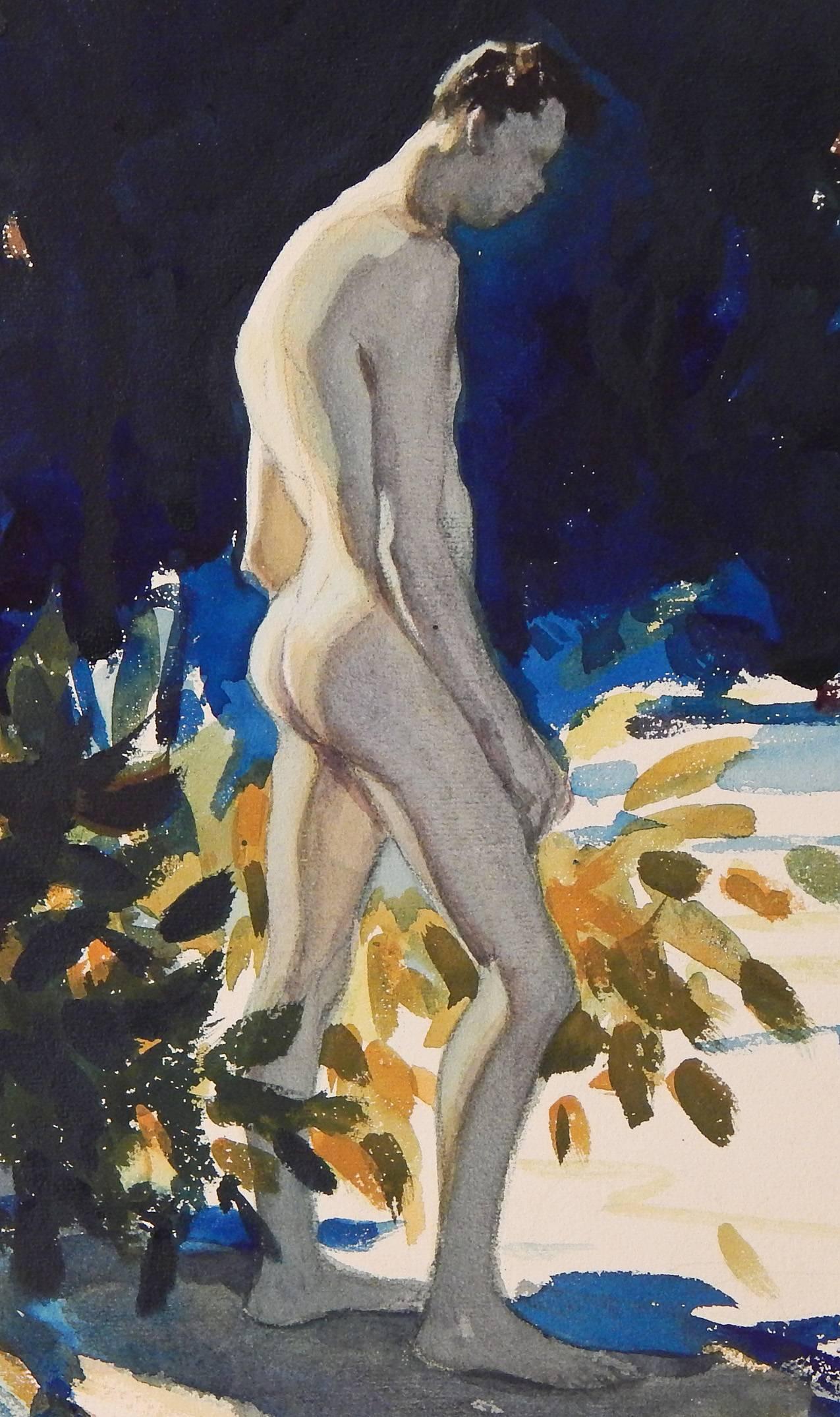 Pintada por Wilmot Heitland, uno de los grandes acuarelistas estadounidenses de la década de 1930, esta representación bañada por el sol de una nativa dominicana, desnuda y caminando hacia un estanque de agua, capta el exuberante lugar tropical con