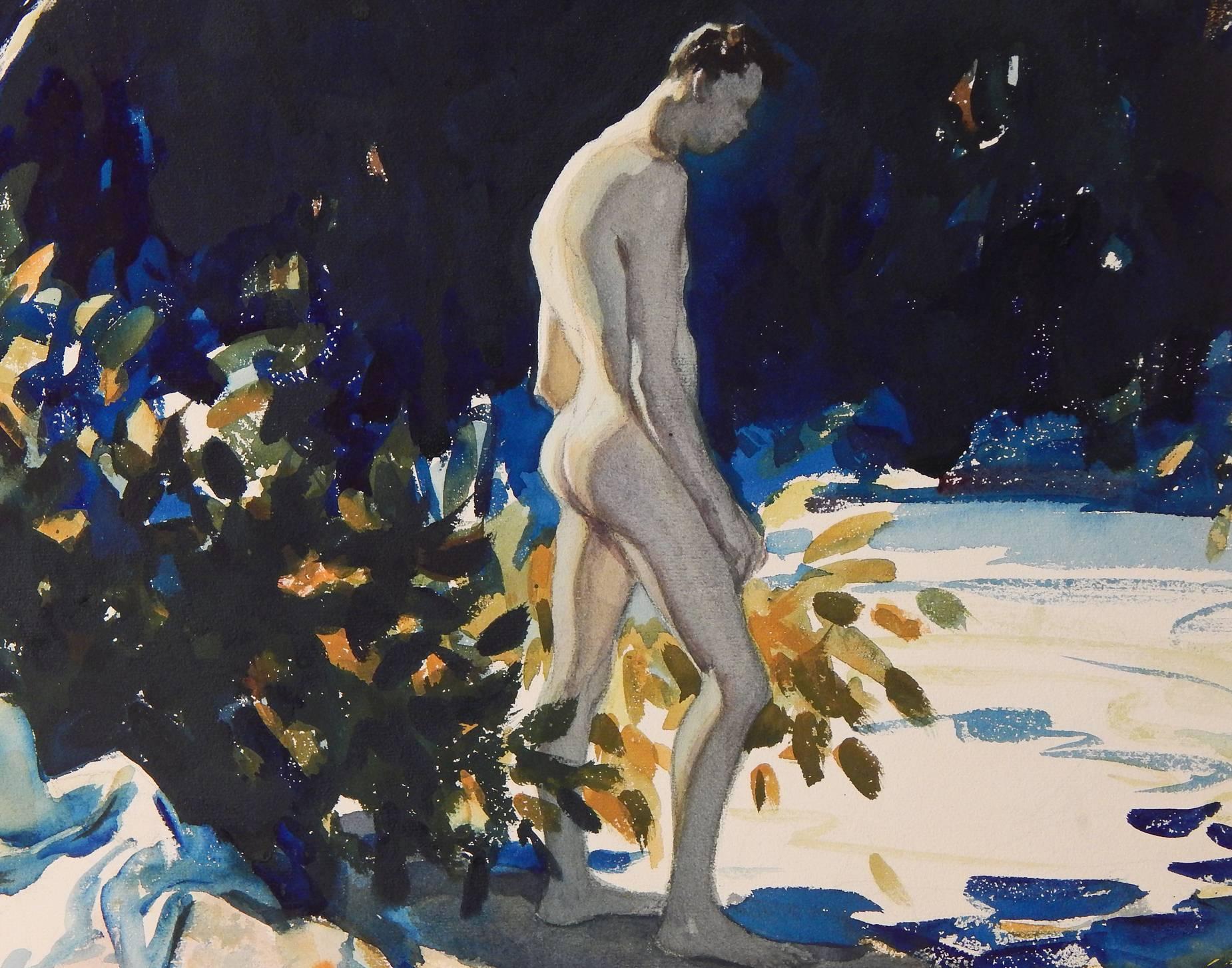 Art déco Aquarelle de scène tropicale des années 1930 « Nude Bather, Dominican Republic » en vente