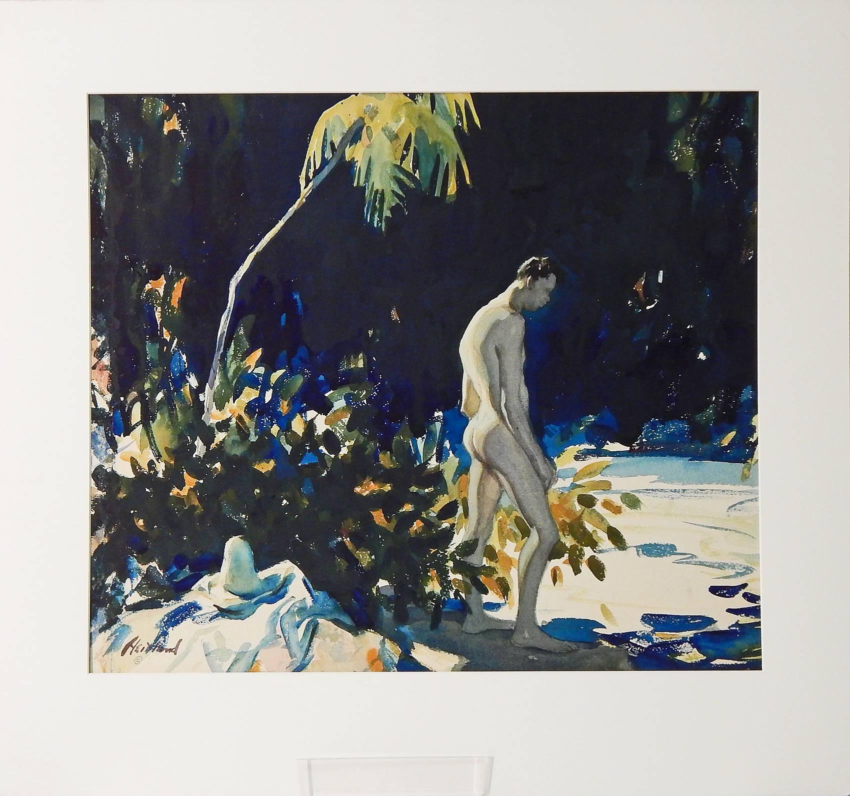 Peint Aquarelle de scène tropicale des années 1930 « Nude Bather, Dominican Republic » en vente