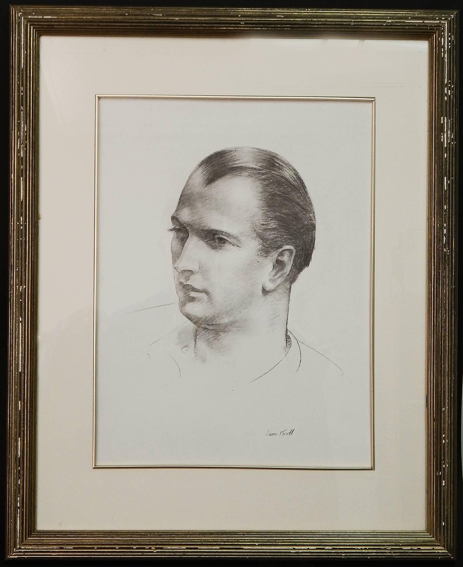 „Man's Portrait, Three Quarters View“, eindrucksvolle Zeichnung von Leon Kroll (amerikanisch) im Angebot