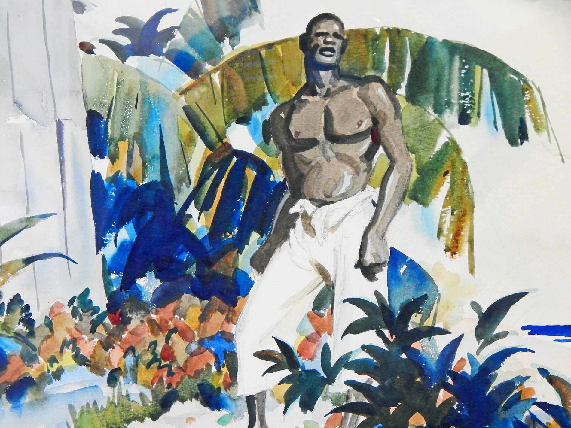 Full of color and drama and boldly demonstrating his mastery of watercolor this painting by Wilmot Heitland of a shirtless Dominican on the beach next to a wood hut is the finest we have seen by this artist. The array of greens, golds and rusts that