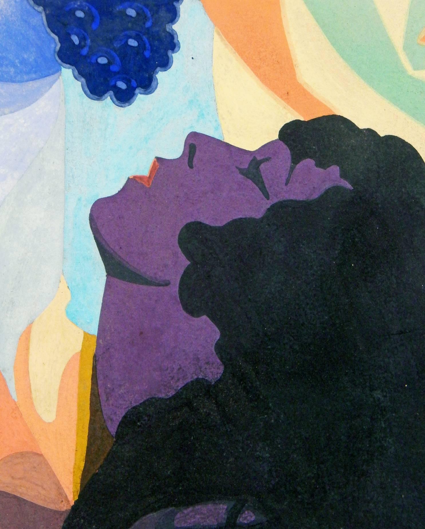 Graphically striking and boldly painted in a rich palette of purples, blues and oranges, this high style Art Deco painting by M. H. Forster depicts a female figure with curling tendrils of hair, her face upturned to a cluster of grapes overhead. The