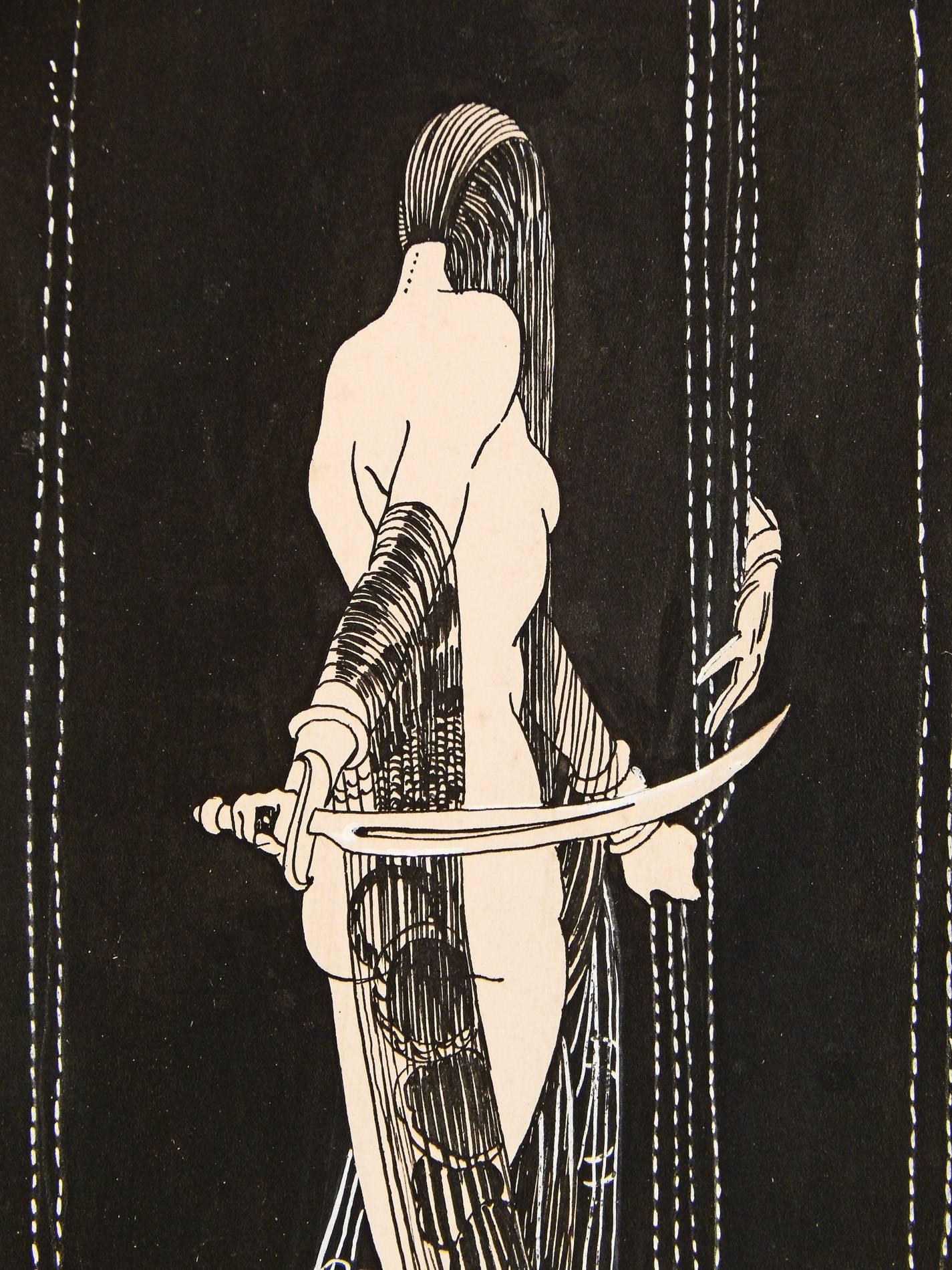 Full of drama and intrigue, both sensual and classical, this depiction of a female nude tiptoeing toward a curtain being pulled aside by a threatening, unseen figure, has all the nocturnal drama of a scene by Aubrey Beardsley or Erte. The female