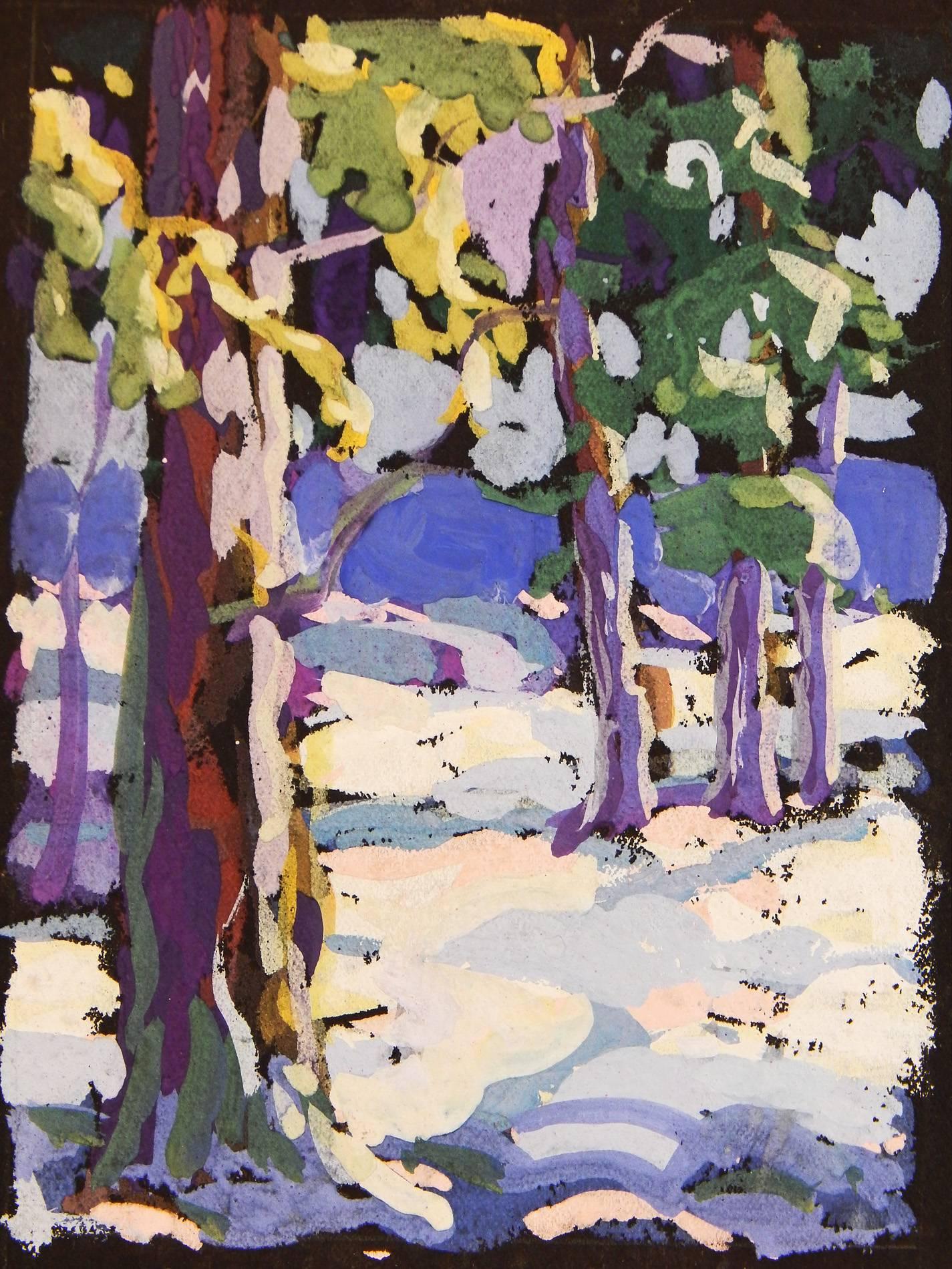 One of the loveliest and most beautiful stylized snow scenes we have seen, this impressionistic woodland view with a blanket of snow is full of entrancing color purple, lilac, lavender, pink and lemon yellow. The painter, M. H. Forster, used gouache