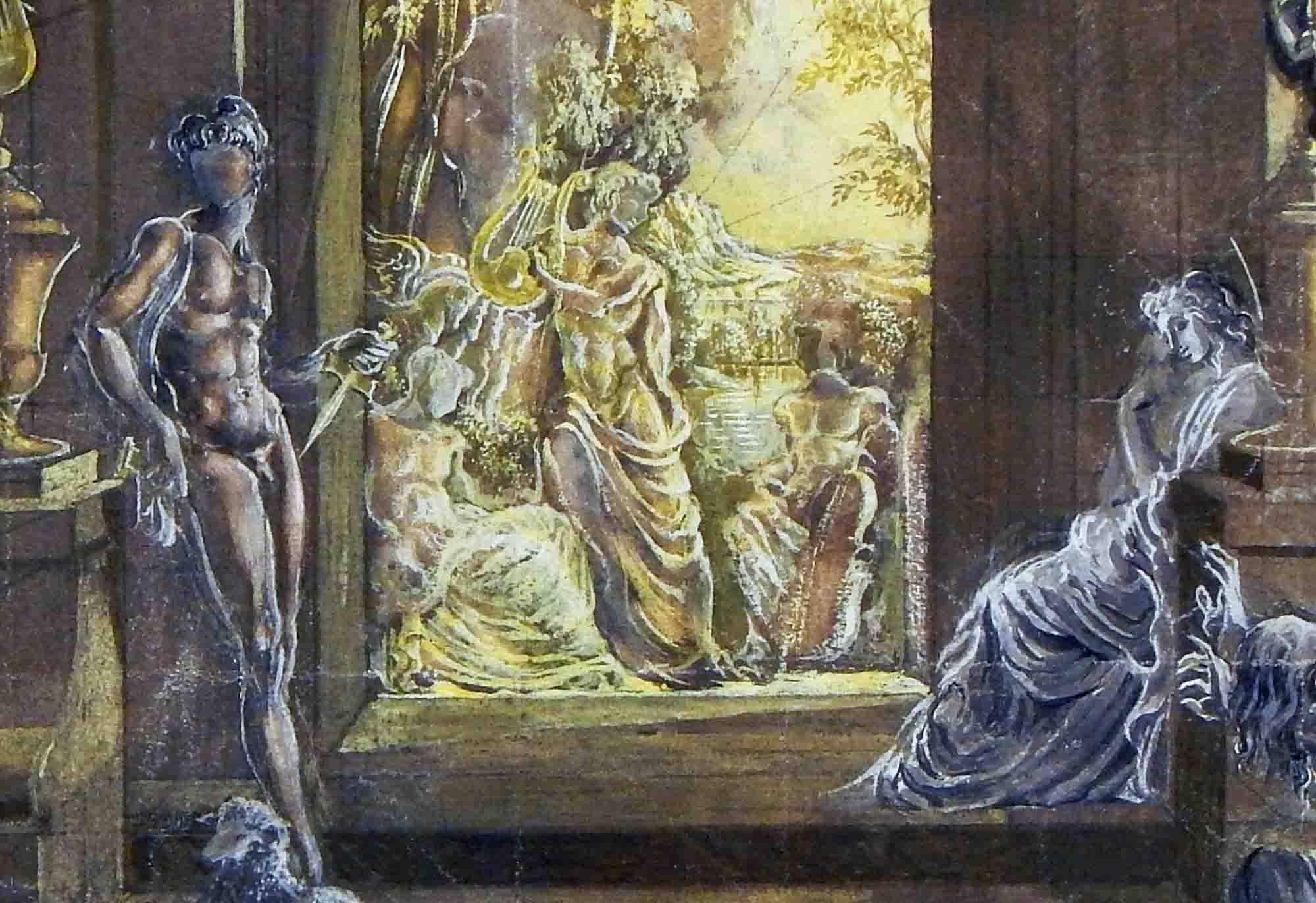 Cette peinture magistrale et extraordinaire, remplie de nus fantomatiques dans diverses poses dans un intérieur sombre, avec Orphée jouant de la lyre dans le jardin à l'extérieur éclairé par une lumière dorée d'un autre monde, a clairement été créée