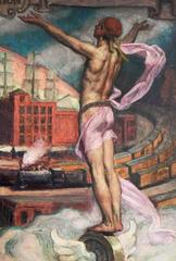 "Distribution" Fabulous, Large Art Deco Allegorical Mural with Male Nude