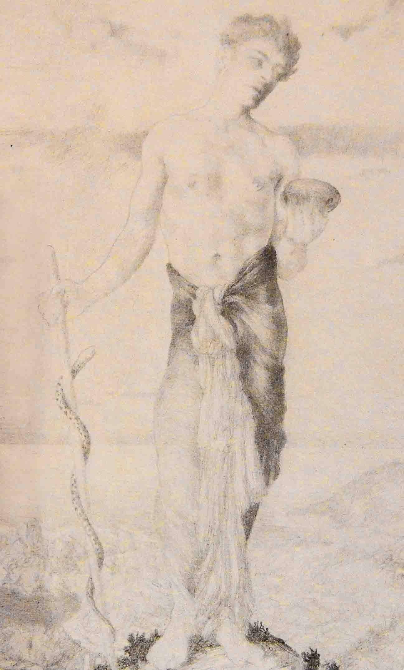 Mysterious and ethereal, this lovely drawing of a semi-nude male figure, carrying a caduceus and small jar, no doubt representing Mercury is clearly allegorical and suggestive of a personal story. Drawn by N. Cobb in 1928, it is dedicated to 