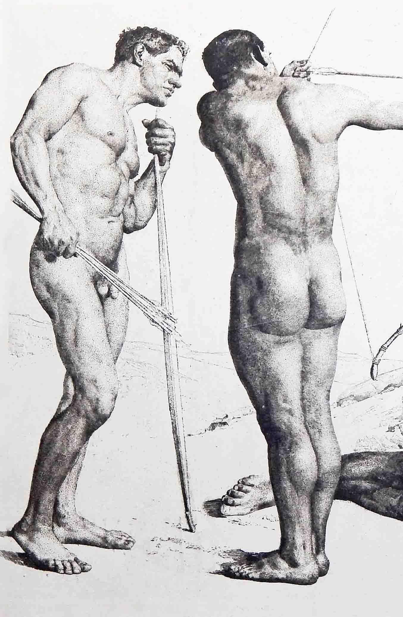 A large, rare and important etching with superb detail and unusual subject matter, this view of three nude male archers, one drawing his bow, another supplying the arrows, and another reclining and watching the arrows fly, was made by Erich
