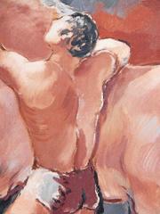 "Acrobat and Circus Horse, " WPA-Era Painting, Semi-Nude Male Figure, Dark Pink