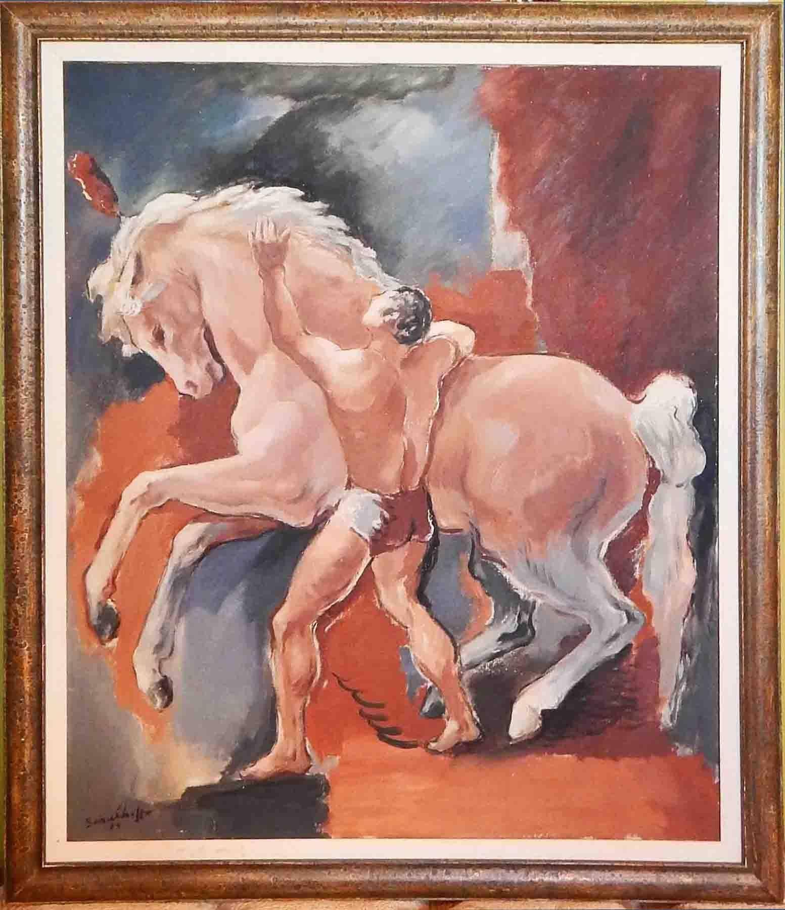Américain « Acrobat et cheval de cirque », peinture vivante de l'époque de la WPA avec un performer semi-nu en vente