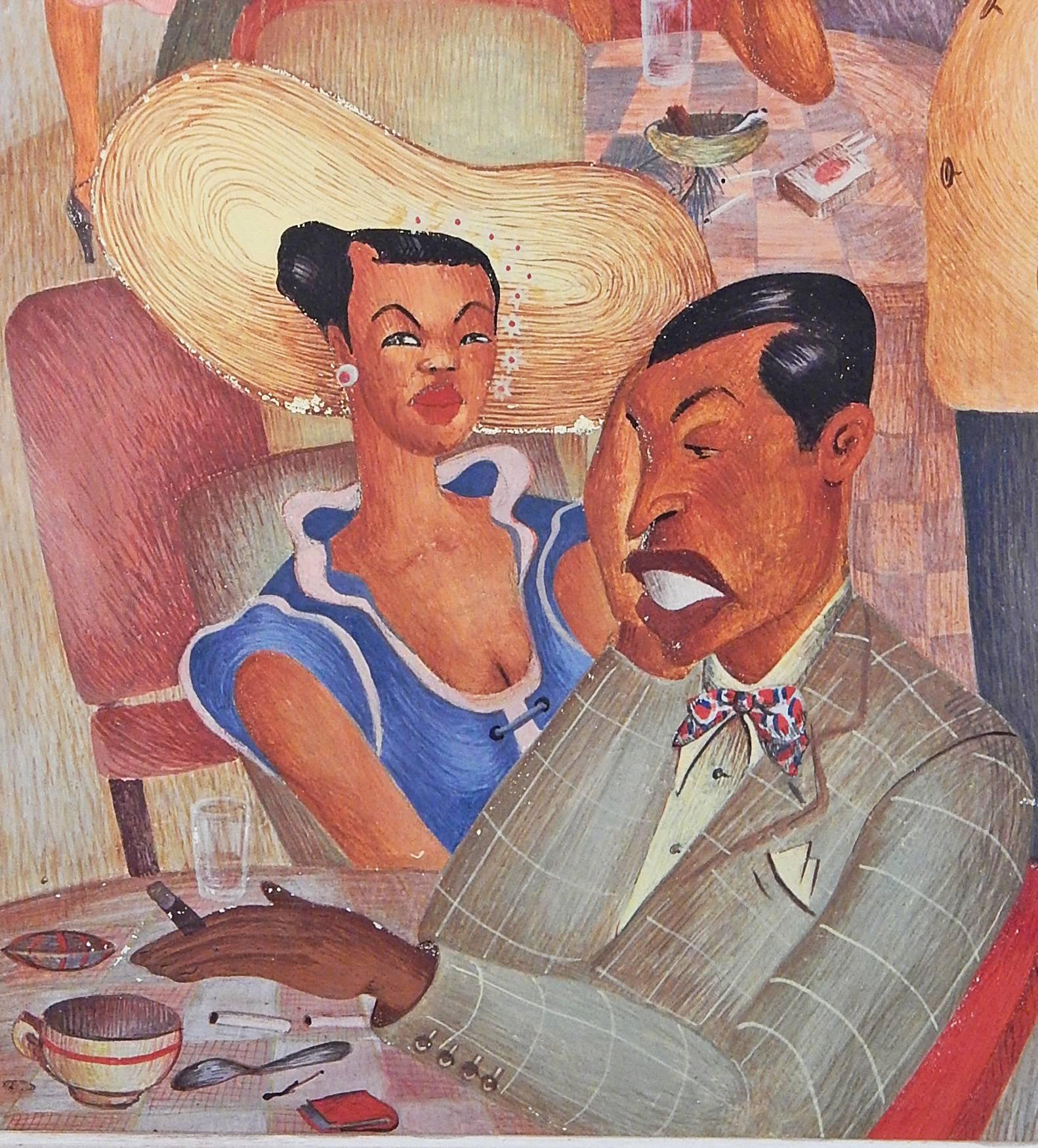 A brilliant and lively depiction of a crowded cafe scene in 1945, this painting by Adalie Margules Brent depicts a slice of Black America at the end of World War II, probably in New Orleans, complete with a waiter, fashionably dressed men and women