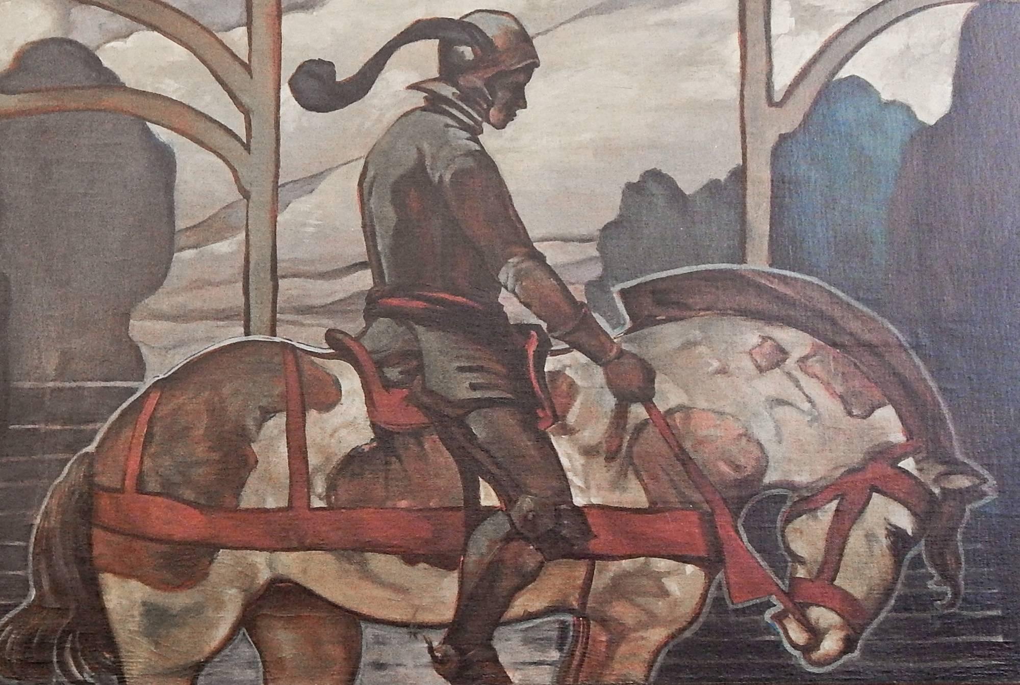 A rare and magnificent example of a mural influenced by both the Arts & Crafts and Art Nouveau movements, this painting of a plumed knight on horseback demonstrates the American fascination with Medieval themes and images from 1900-1930. Clearly