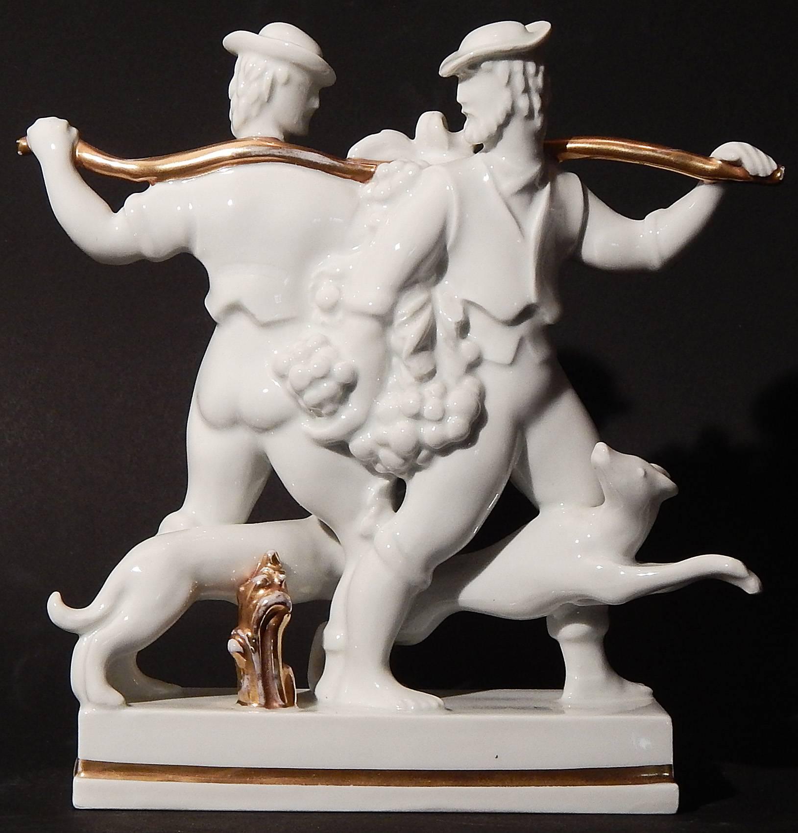 Although Gio Ponti, the protean artist, sculptor and designer, was highly prolific over many years in his native Italy, this porcelain sculpture of two young men carrying an enormous cluster of grapes, with two lively hounds underfoot, is especially