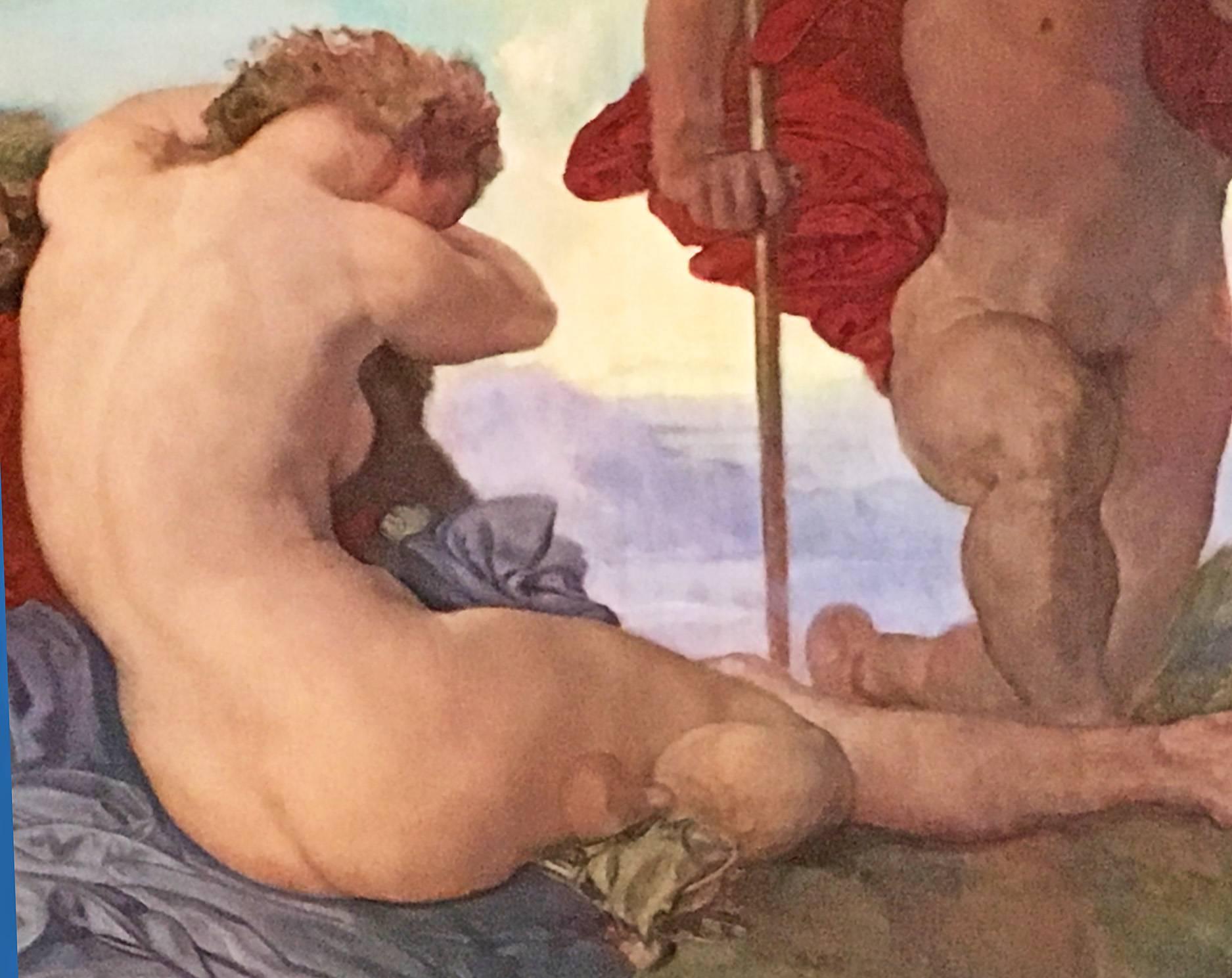 This painting brings to life one of the more colorful stories from Greek mythology – the moment when Dionysus discovers the sleeping Ariadne on the island of Naxos. The painter, Rudolf Jettmar, was famous for depicting classical and mythological