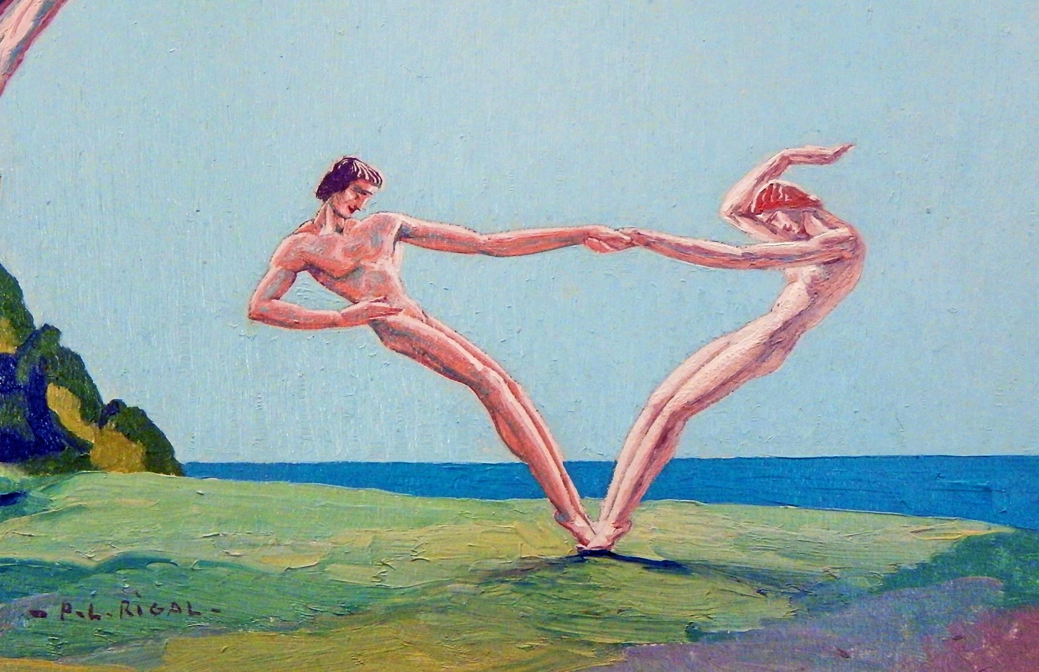 Pleine de joie et de soleil, cette représentation d'un couple d'hommes et de femmes nus dansant au bord de la mer avec un temple grec en ruine en contrebas, a été peinte par Louis Rigal, l'un des grands muralistes Art déco américains et français.