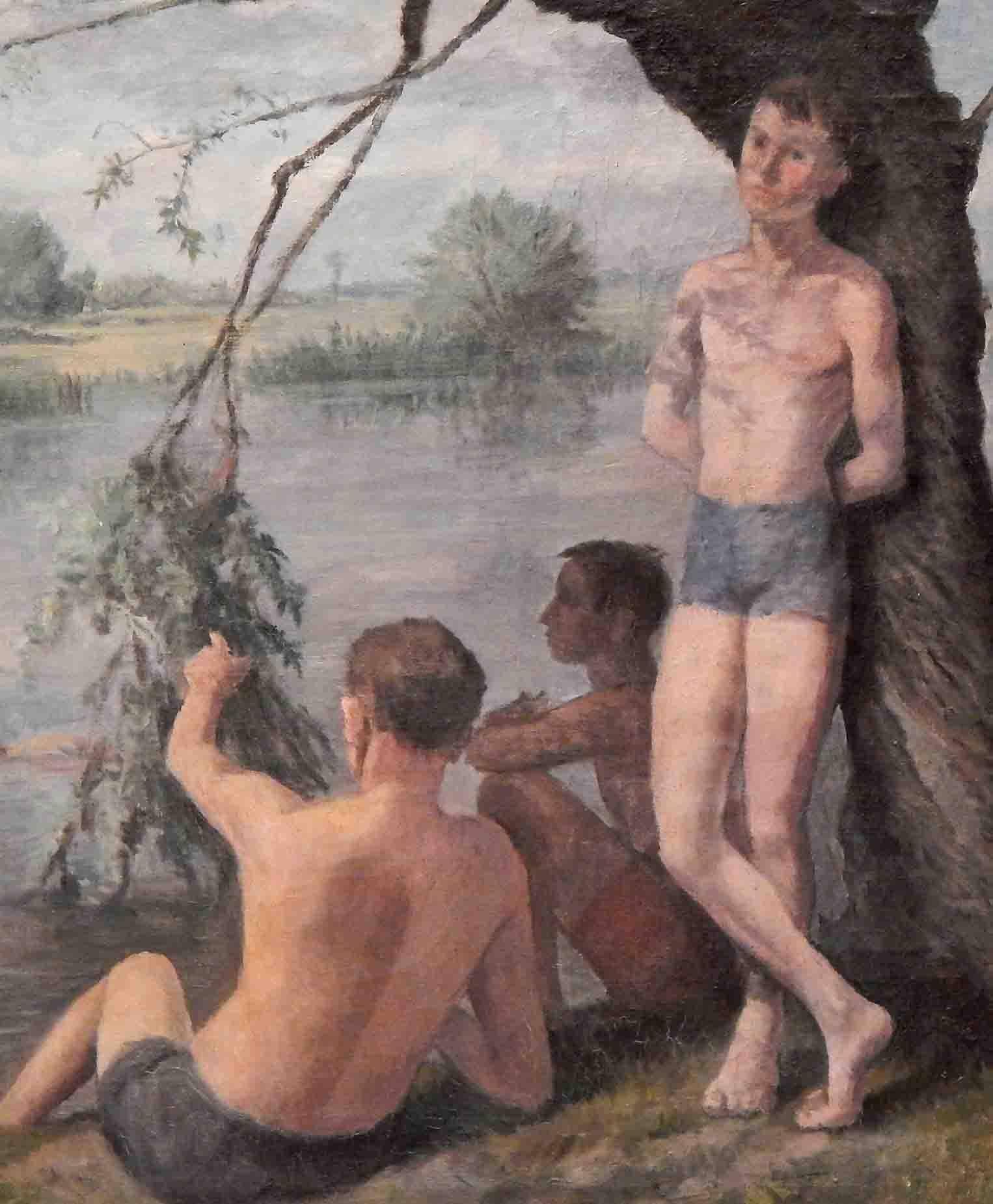 Dieses sonnige und zugleich melancholische Gemälde zeigt eine Familie, die sich glücklich an einem Flussufer niedergelassen hat. Im Mittelpunkt steht ein männlicher Jugendlicher, der nachdenklich in die Ferne blickt. Datiert auf 1938, könnte es aus