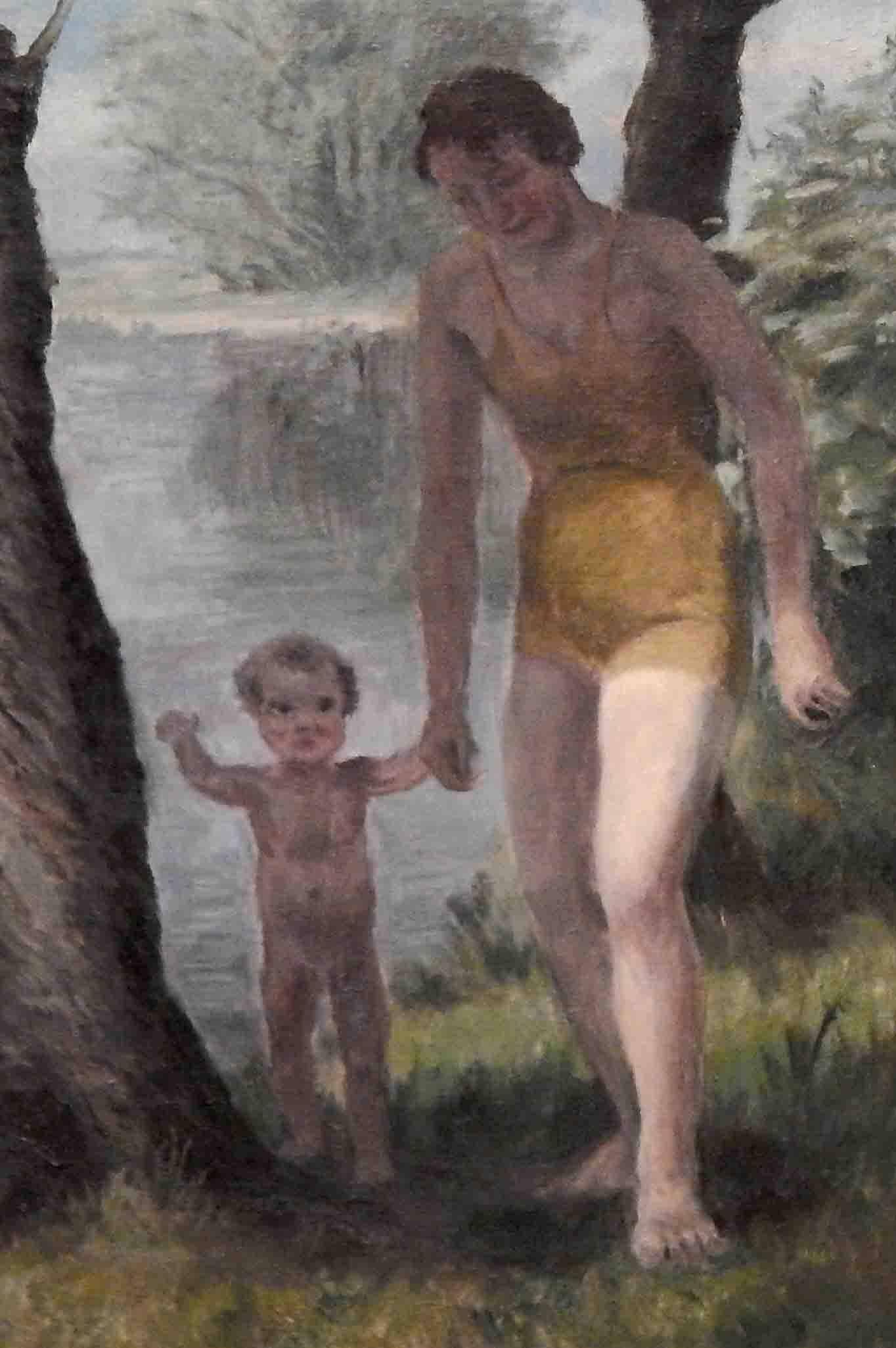 Art déco « Bathing by the River », grande peinture atmosphérique de Felix Meseck, 1938 en vente